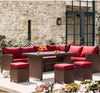 7 Pcs Patio Dining Set All Weather Outdoor Sectional Furniture w/ Ottoman, Wine  Red Cushion
