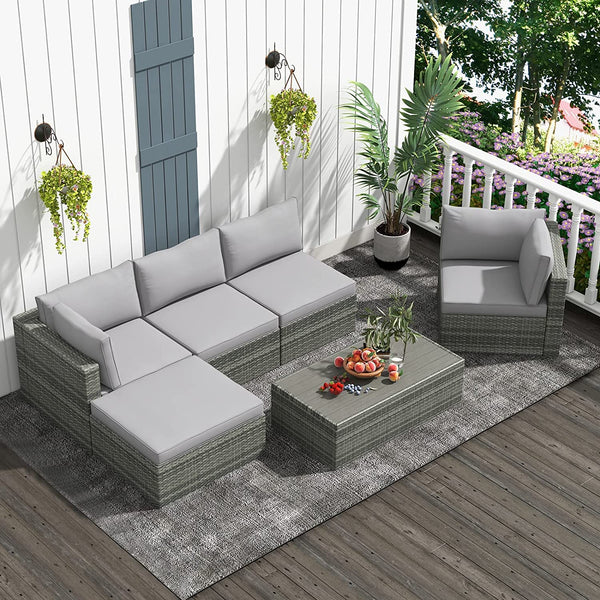 6 Pcs Outdoor Sectional Sofa Set Clearance Patio Rattan Furniture with Coffee Table, All Weather Wicker Conversation Set(Grey)