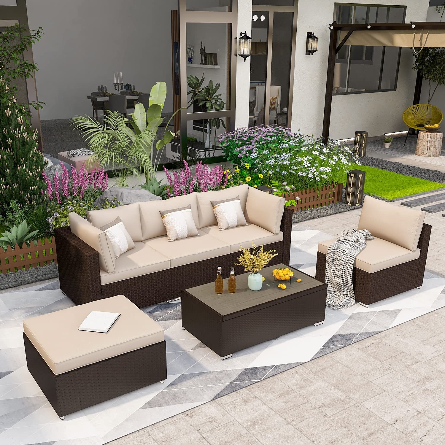 Homrest 6 pcs patio furniture set with coffee table, khaki