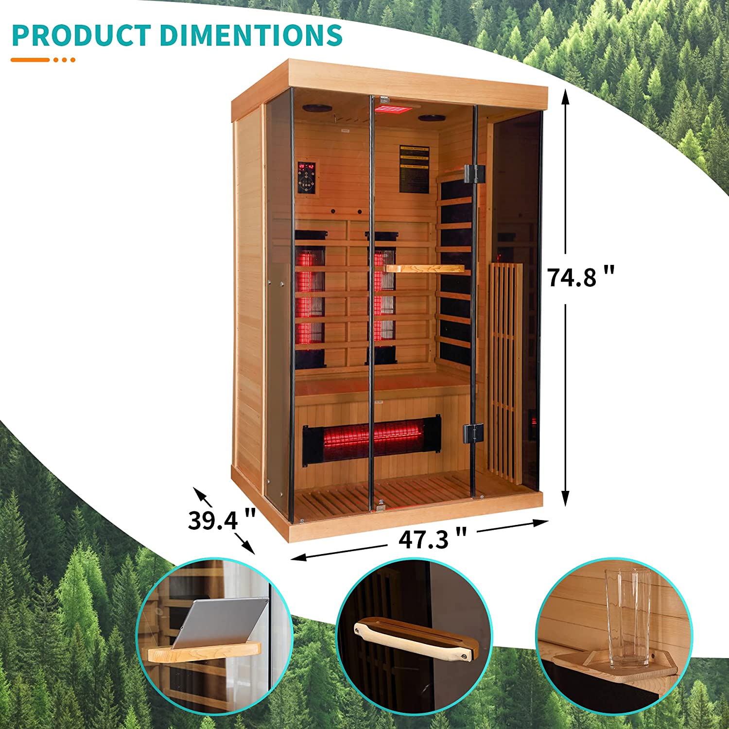 Homrest 1-2 Person Infrared Sauna 15 Minutes Pre-Warm up Far for Home with 7 Colors Chromo Therapy Lighting and Full View Tempered Glass(Canda Hemlock Wooden)