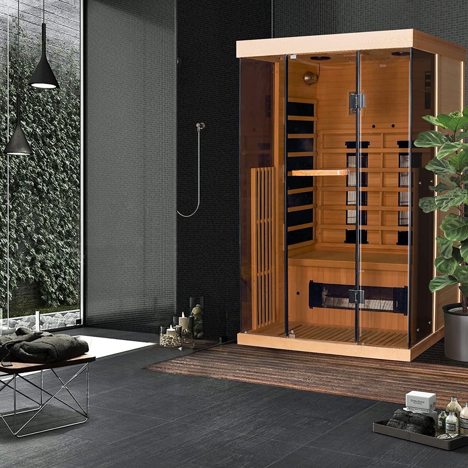 Homrest 1-2 Person Infrared Sauna 15 Minutes Pre-Warm up Far for Home with 7 Colors Chromo Therapy Lighting and Full View Tempered Glass(Canda Hemlock Wooden)