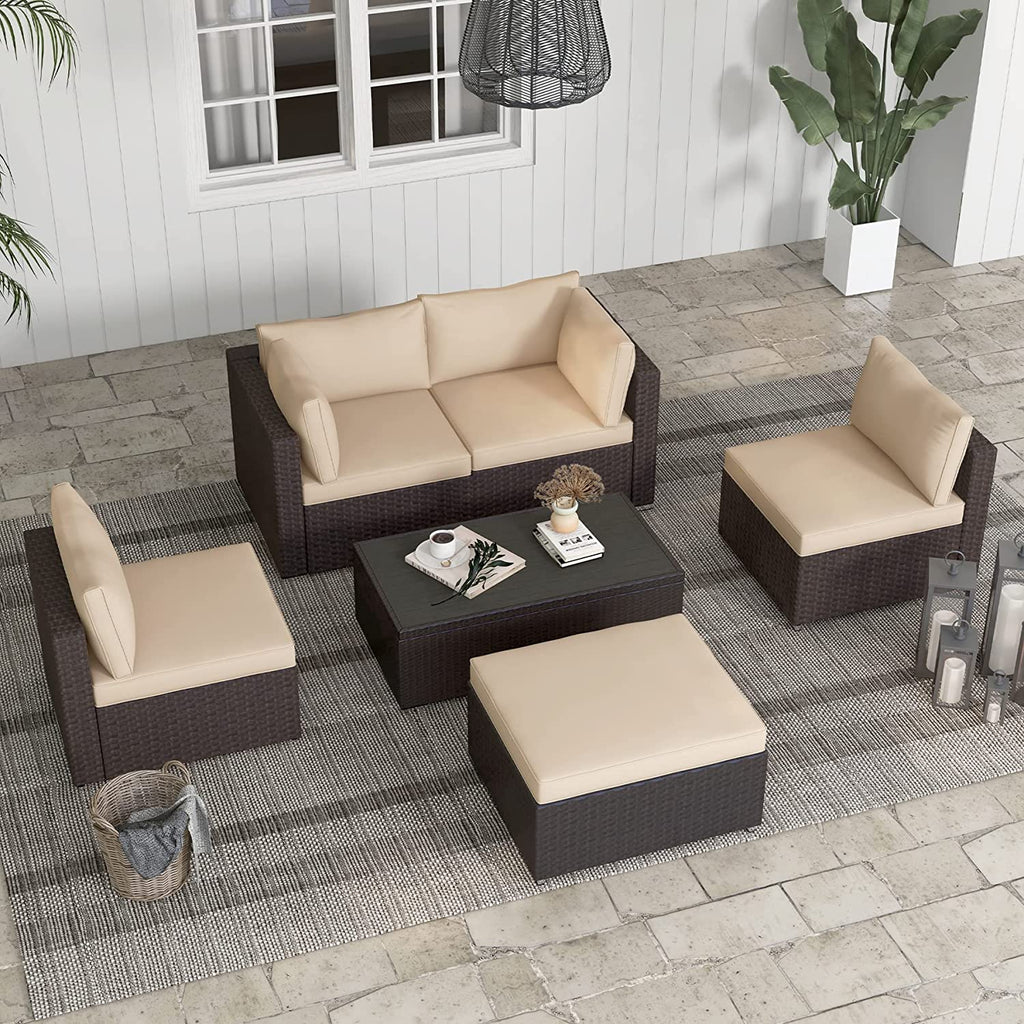 6 Pcs Outdoor Sectional Sofa Set Clearance Patio Rattan Furniture with Coffee Table, All Weather Wicker Conversation Set(Khaki)