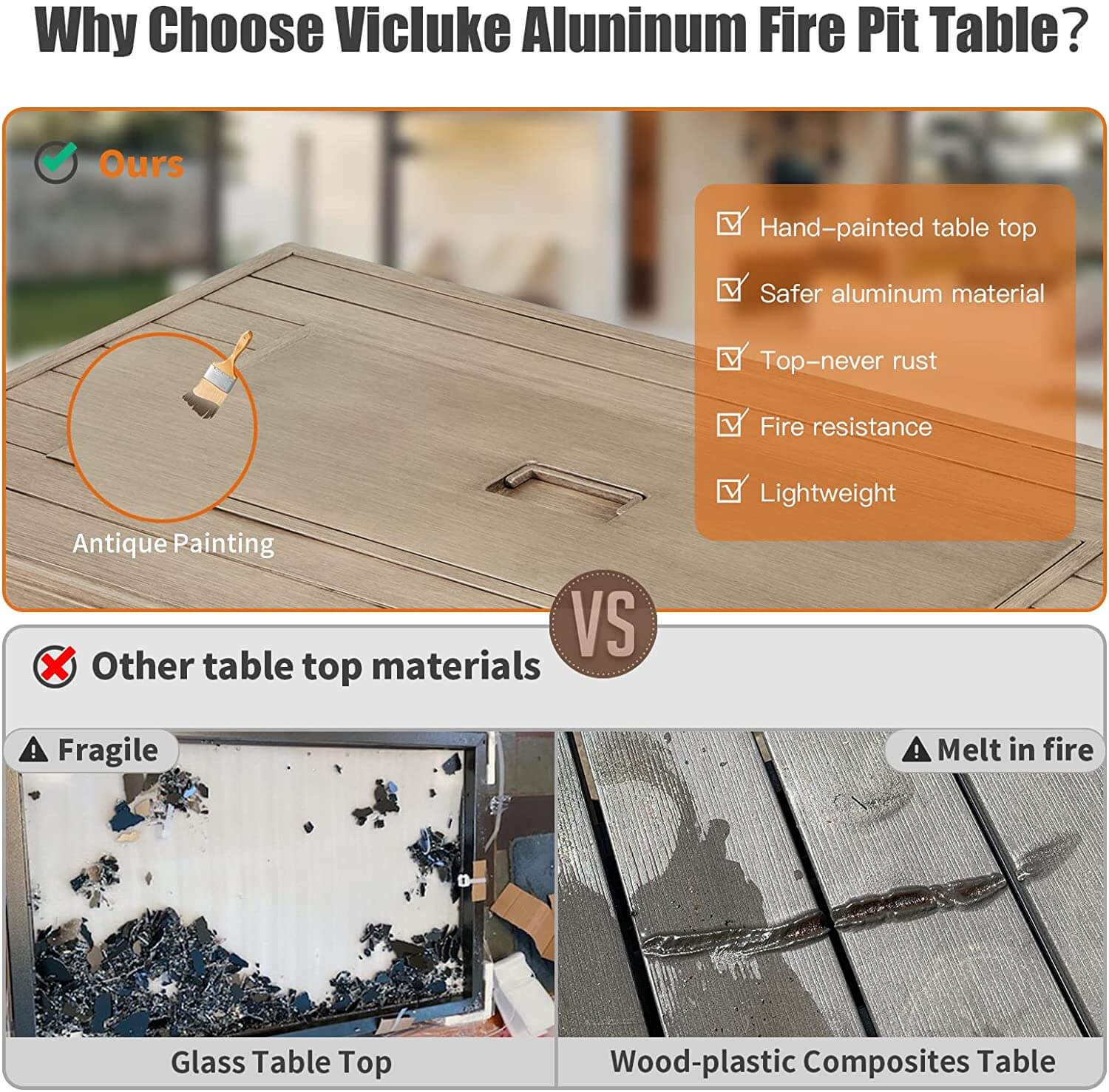 44'' Propane Gas Fire Pit Table 50000 BTU Auto-Ignition w/ Wind guard, Aluminum Tabletop,Waterproof Cover, Glass Beads, Brown Faux Stone Surface