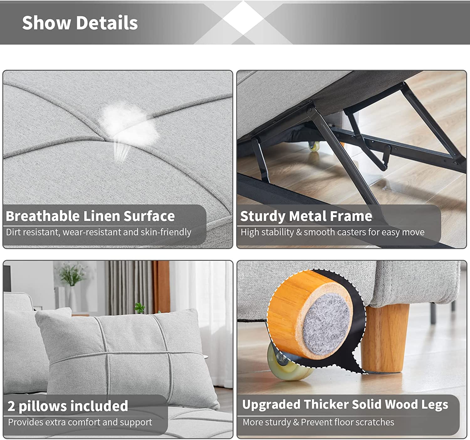 Homrest Upgrade Sofa Bed 3-in-1 Convertible Chair Multi-Functional Sofa Bed Adjustable Recliner for Living Room (Light Grey)