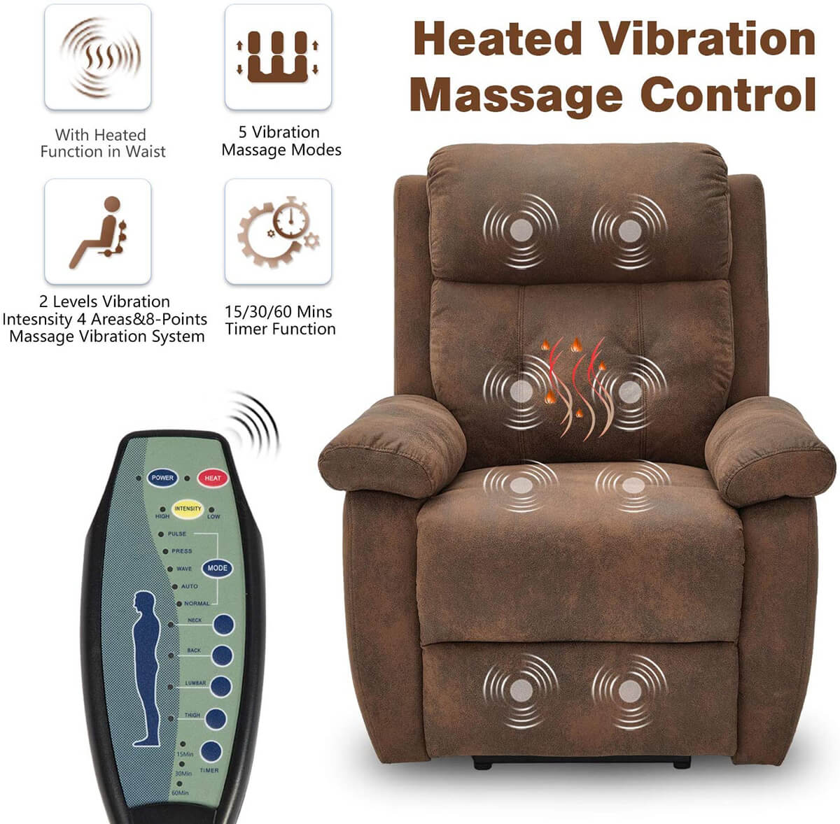 Homrest Electric Power Lift Recliner Chair Sofa for Elderly, Faux Leather Recliner Chair with Heated Vibration Massage, Heavy Duty & Safety Motion Reclining Mechanism, Saddle Brown