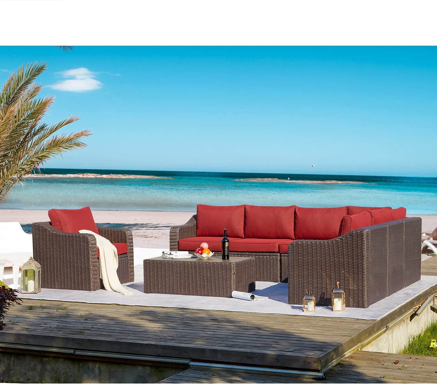  Homrest Outdoor Sectional Sofa All-Weather Conversation Set w/ Red Cushion, Coffee Table for Porch, Garden and Poolside