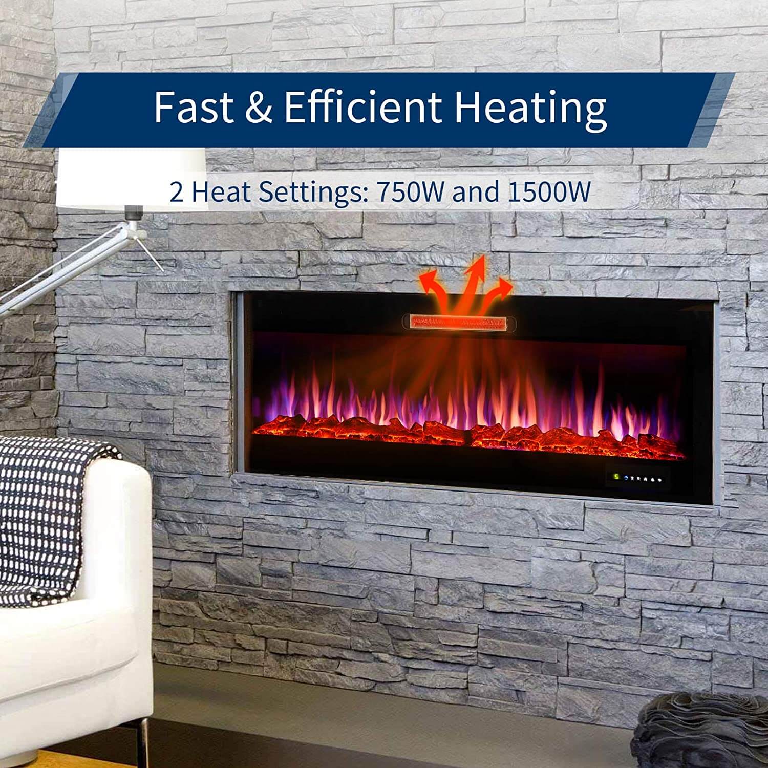 Homrest 50" Recessed Mounted Electric Fireplace Insert with Log/Crystal Option, 750/1500W