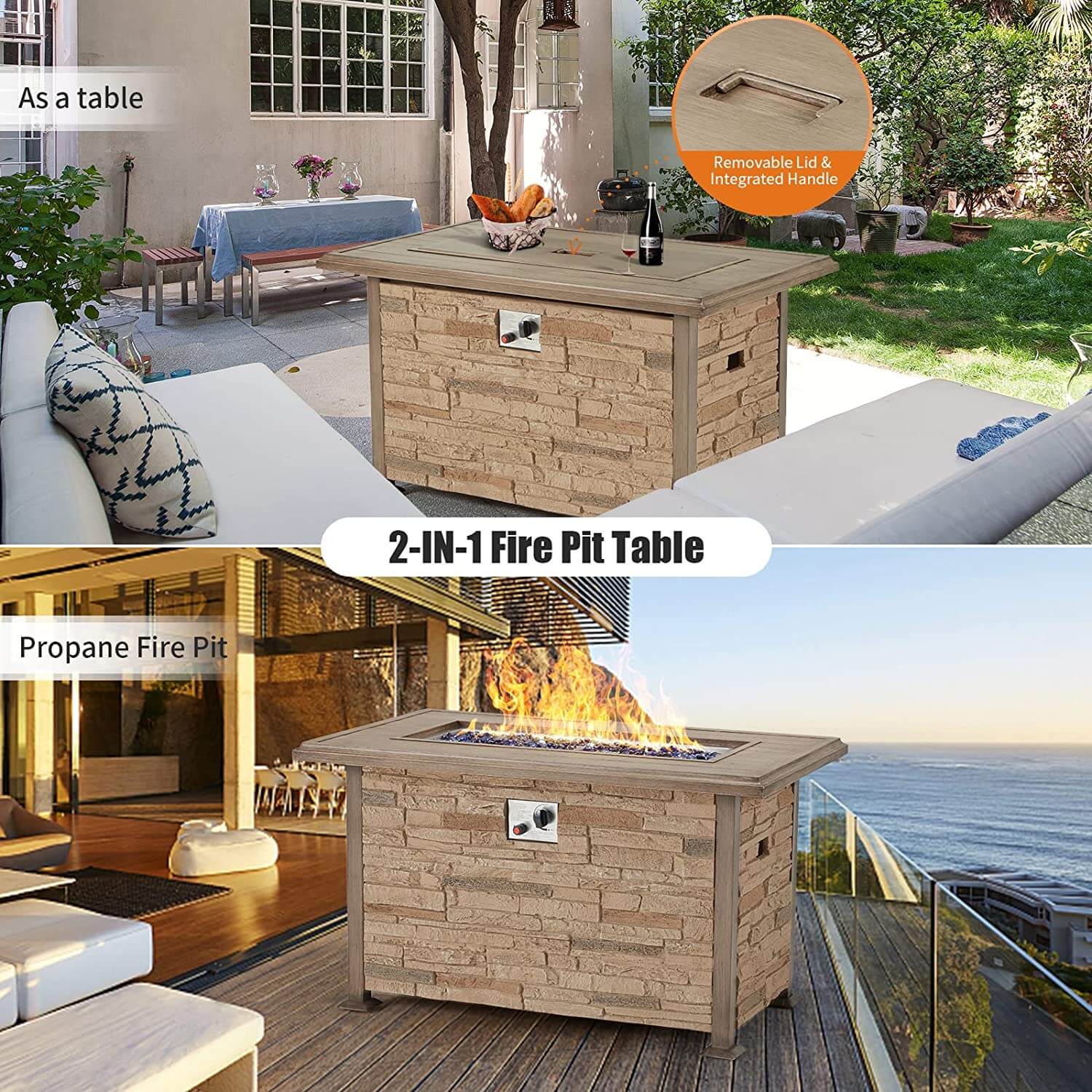 44'' Propane Gas Fire Pit Table 50000 BTU Auto-Ignition w/ Wind guard, Aluminum Tabletop,Waterproof Cover, Glass Beads, Brown Faux Stone Surface