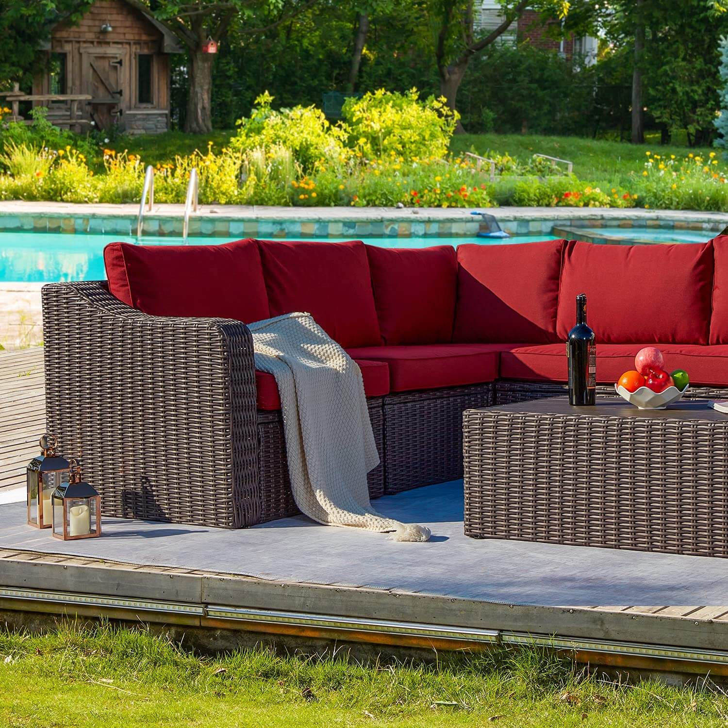  Homrest Outdoor Sectional Sofa All-Weather Conversation Set w/ Red Cushion, Coffee Table for Porch, Garden and Poolside