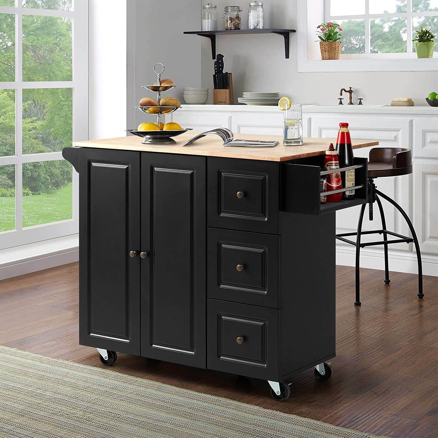 Rolling Kitchen Island Cart,Kitchen Trolley with Drop-Leaf Rubber Wood Tabletop,Lockable Wheels,Drawers & Cabinets,Towel Rack,Spice Rack,Black