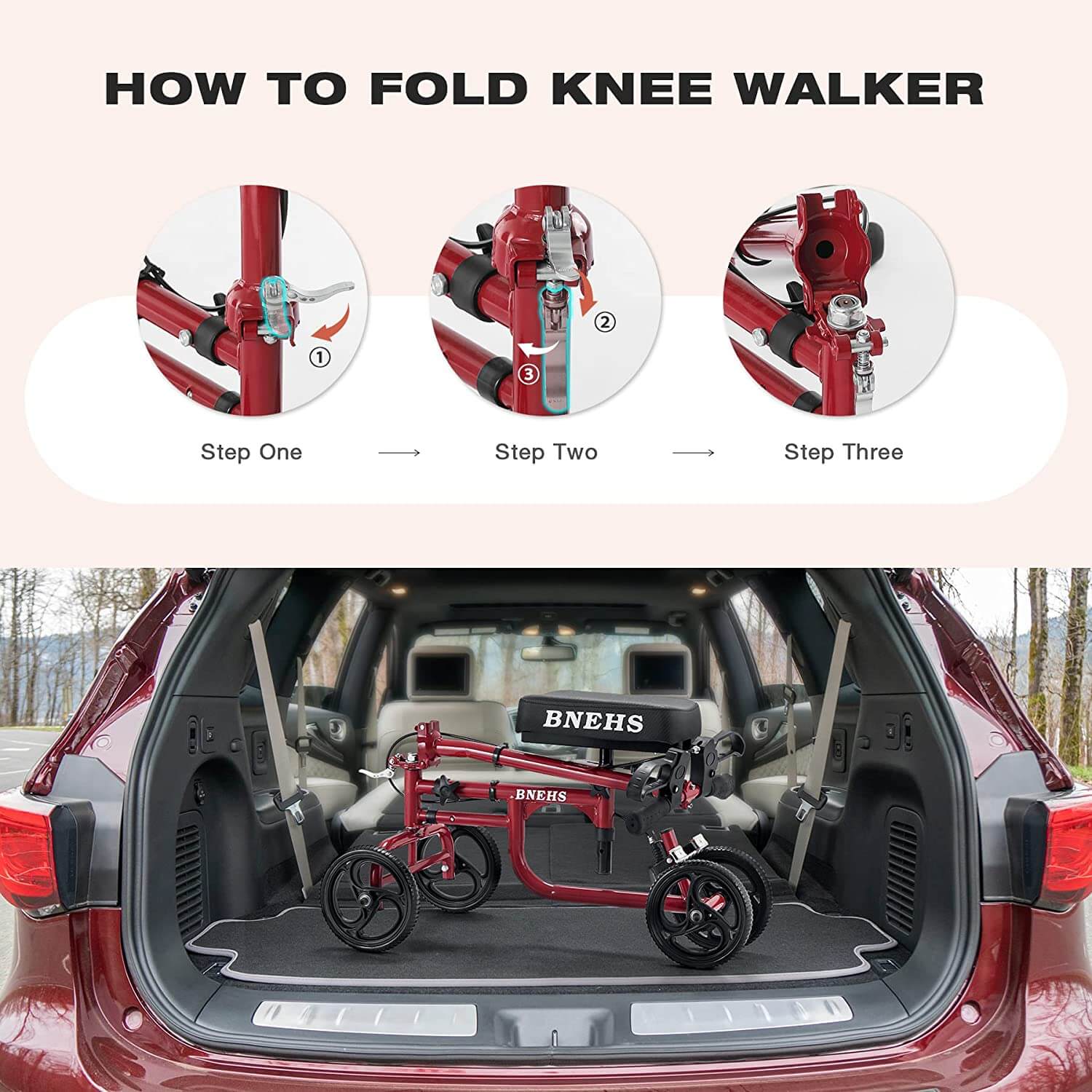 Knee scooter with hand brake and detachable basket, red frame