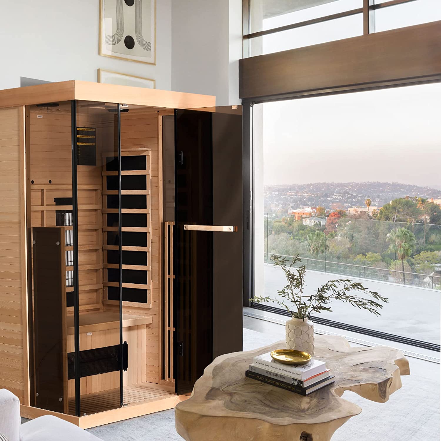 Homrest 1-2 Person Infrared Sauna 15 Minutes Pre-Warm up Far for Home with 7 Colors Chromo Therapy Lighting and Full View Tempered Glass(Canda Hemlock Wooden)