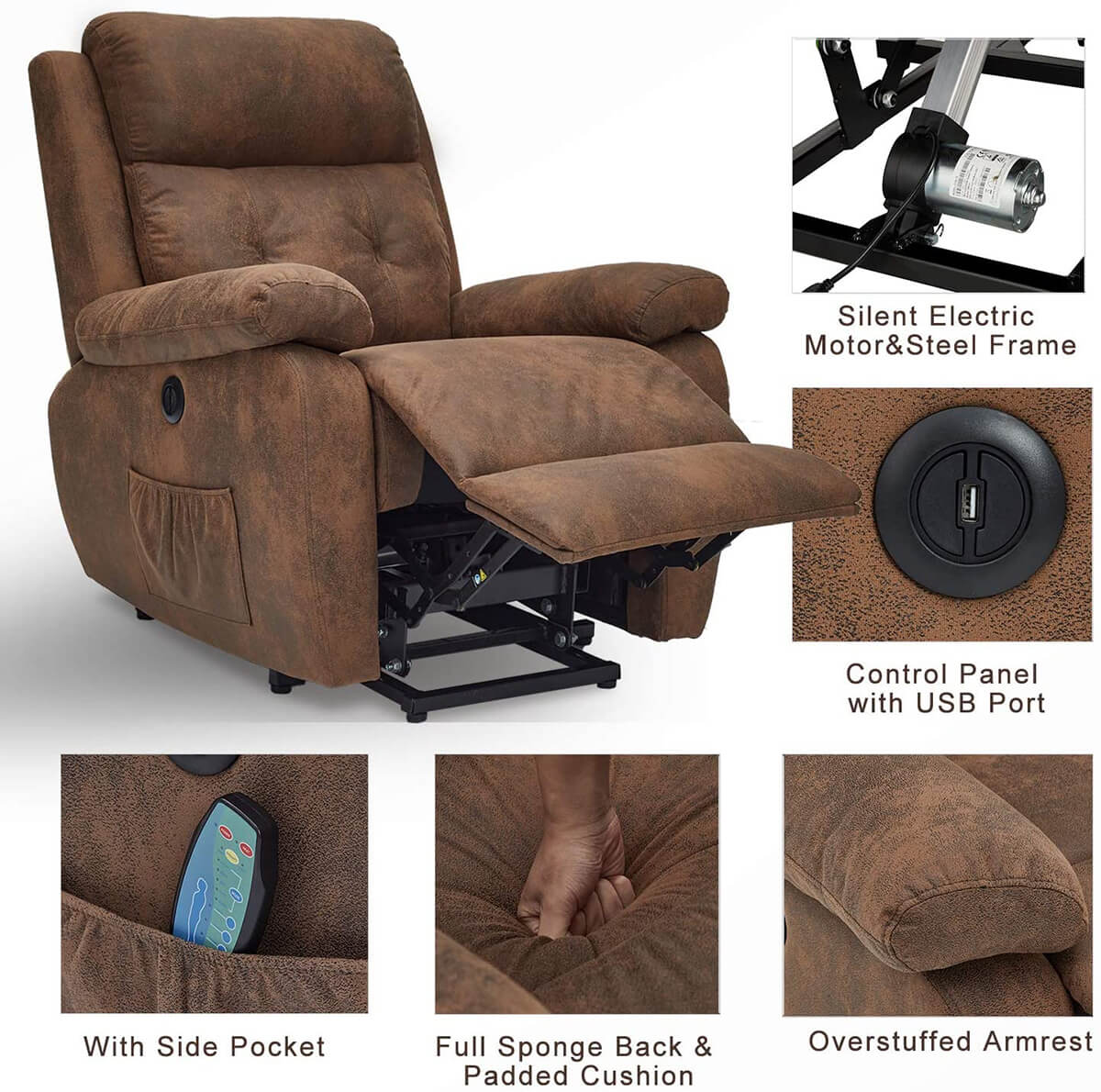 Homrest Electric Power Lift Recliner Chair Sofa for Elderly, Faux Leather Recliner Chair with Heated Vibration Massage, Heavy Duty & Safety Motion Reclining Mechanism, Saddle Brown