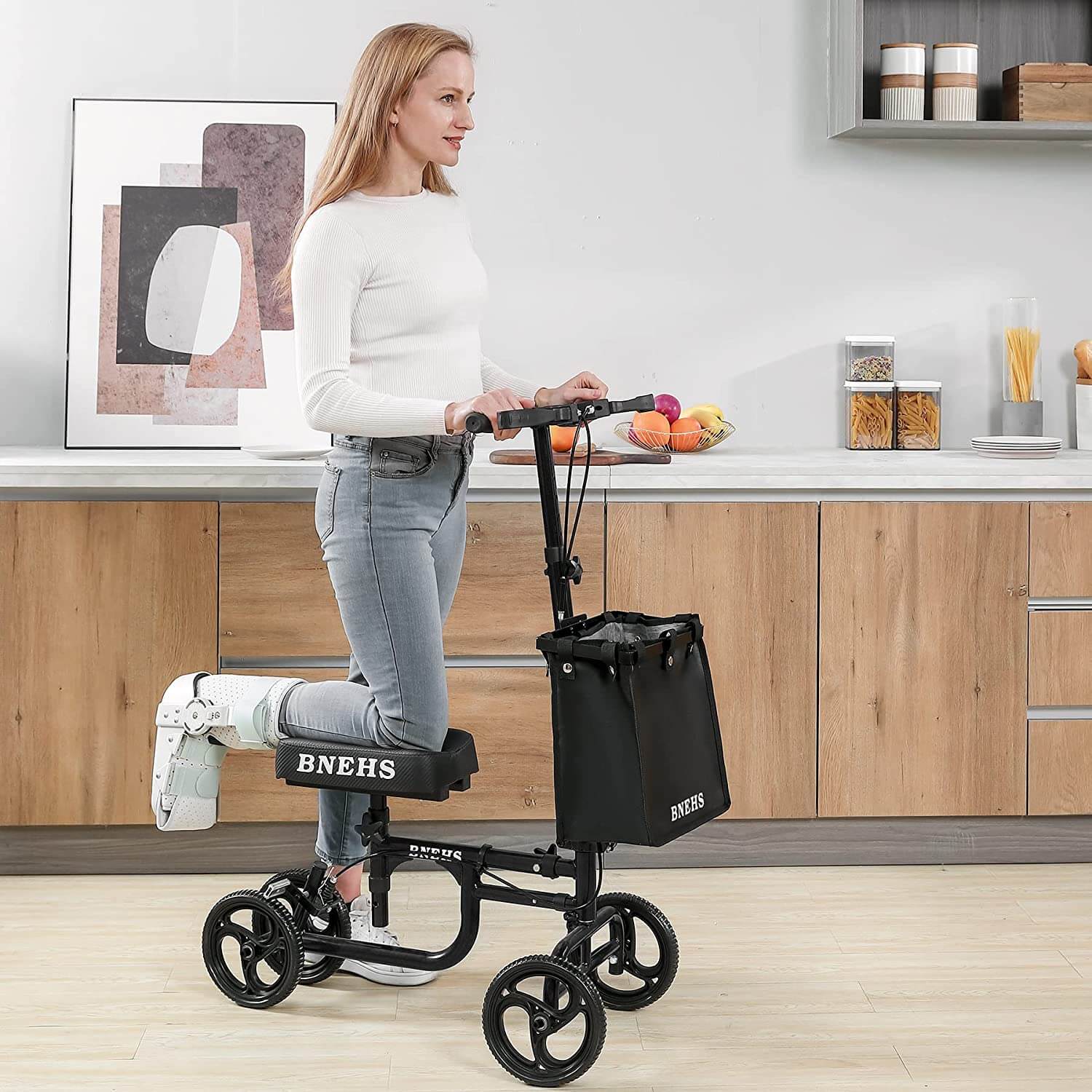 Homrest knee walker with hand brake and detachable basket for foot and ankle injured adults, black