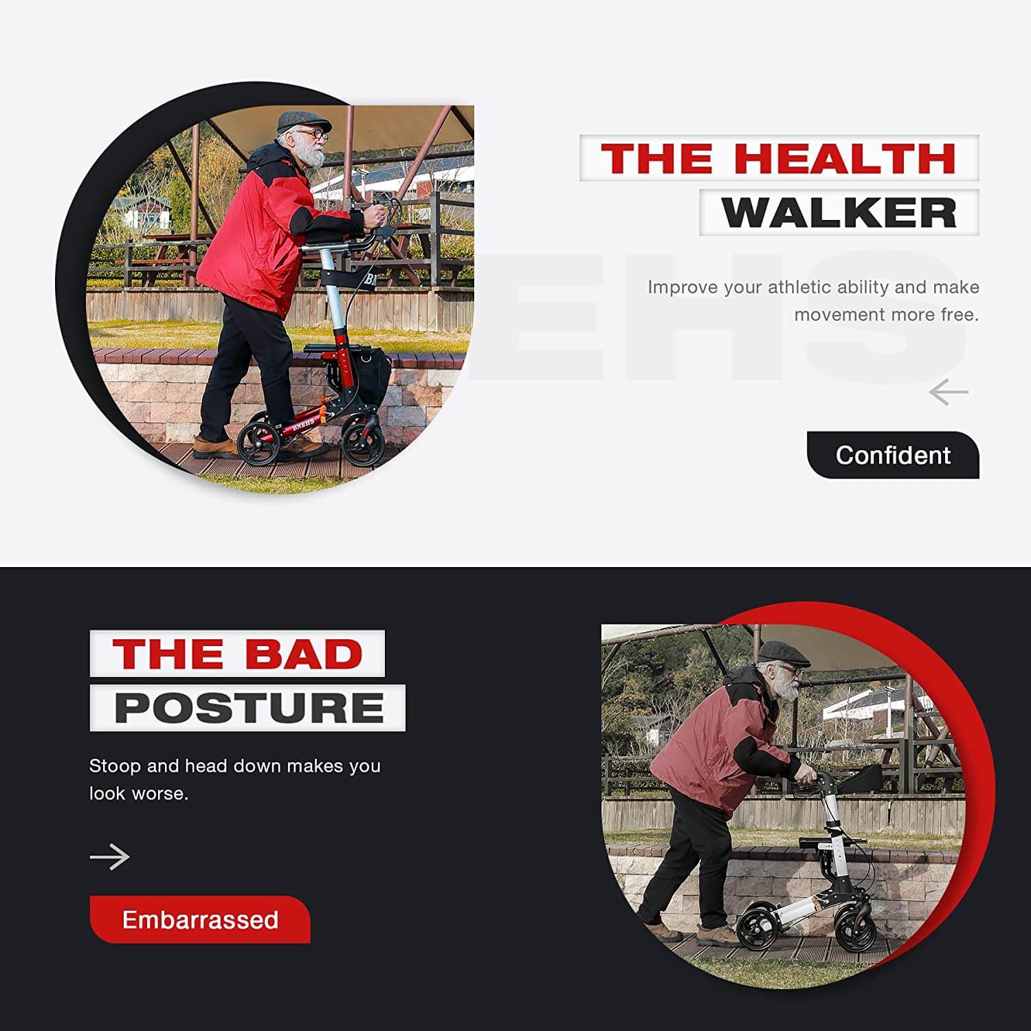 Homrest Rollator Walker with Seat Upright Walkers for Seniors w/ Grooved Brake Pads, Mobility Walking Aid, Red Frame