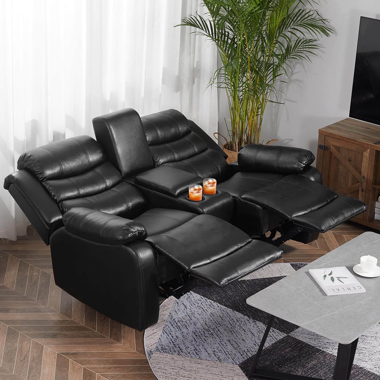 Homrest Reclining Double Loveseat with Storage Console for Living Room, Black
