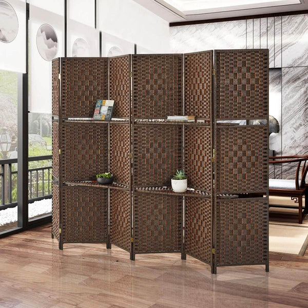 Homrest 6 Panels Room Dividers 6ft Weave Fiber Folding Privacy Screens with 2 Shelves, Double Hinged, Brown