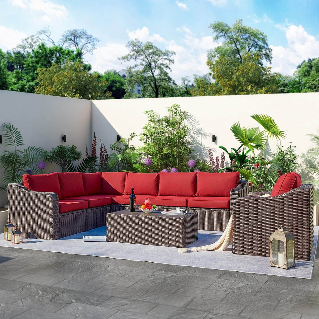 8 Pcs Outdoor Sectional Sofa All-Weather Conversation Set w/ Red Cushion, Coffee Table