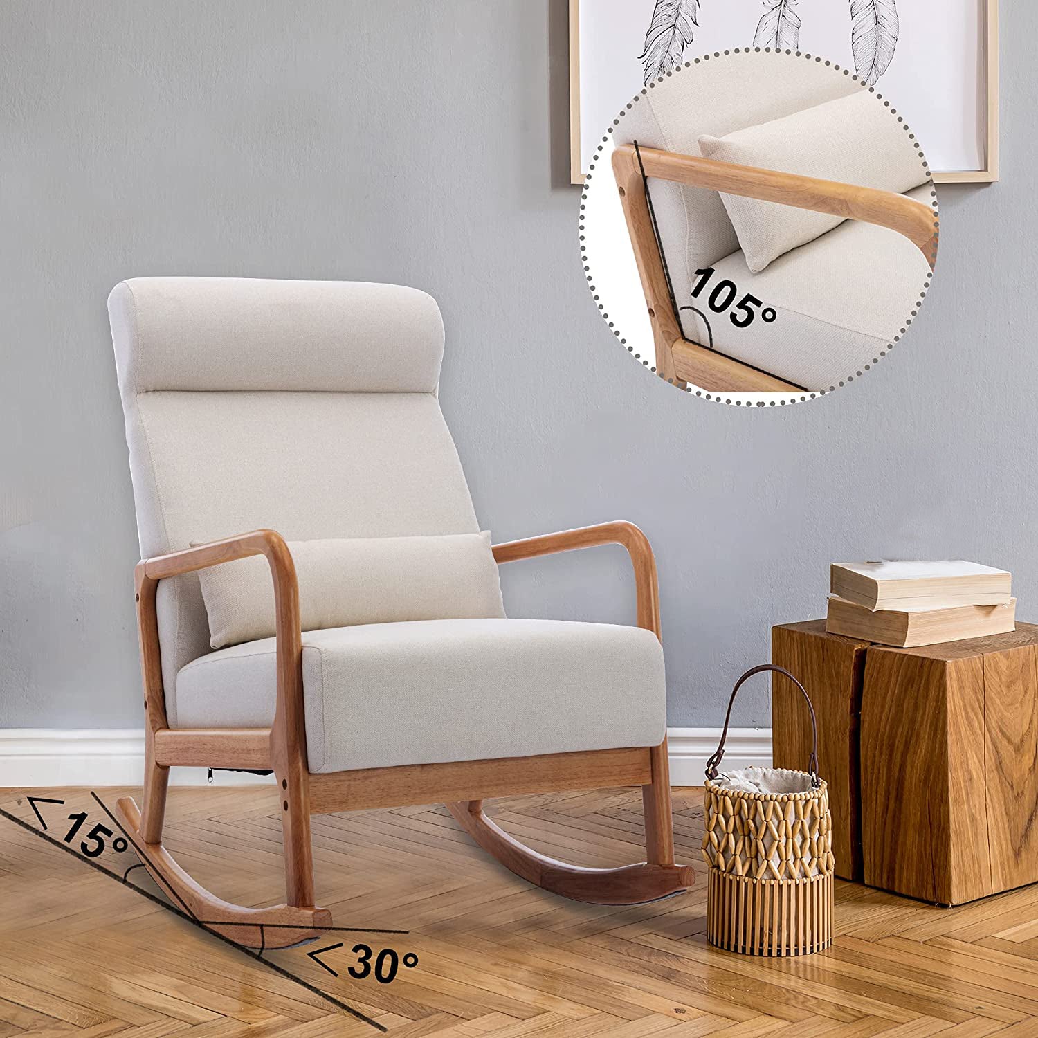 Mid-Century Upholstered Rocking Chair with Thick Padded Cushion & Pillow, Glider Rocker Chair for Living Room