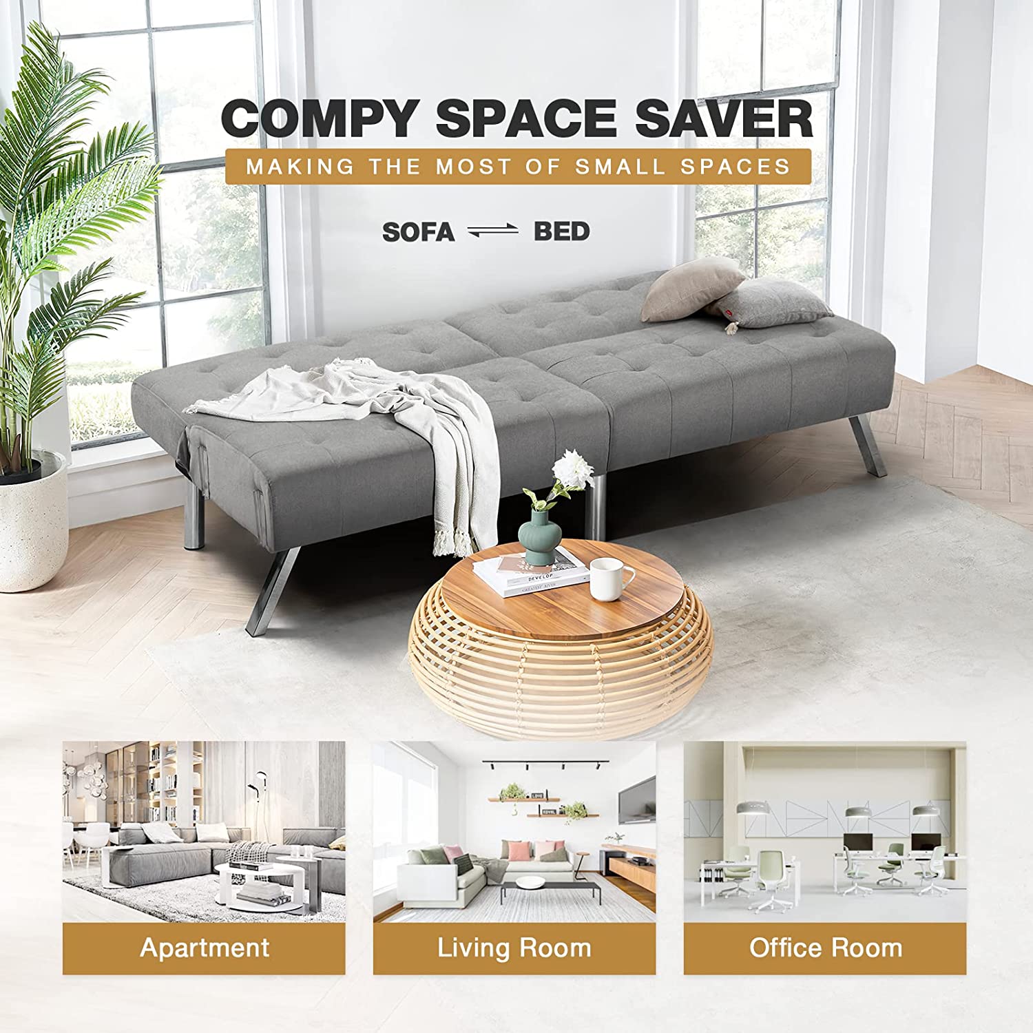 Homrest Convertible Futon Sofa Bed w/ Adjustable Backrest Fabric Sleeper Sofa Couch Loveseat, Light Grey
