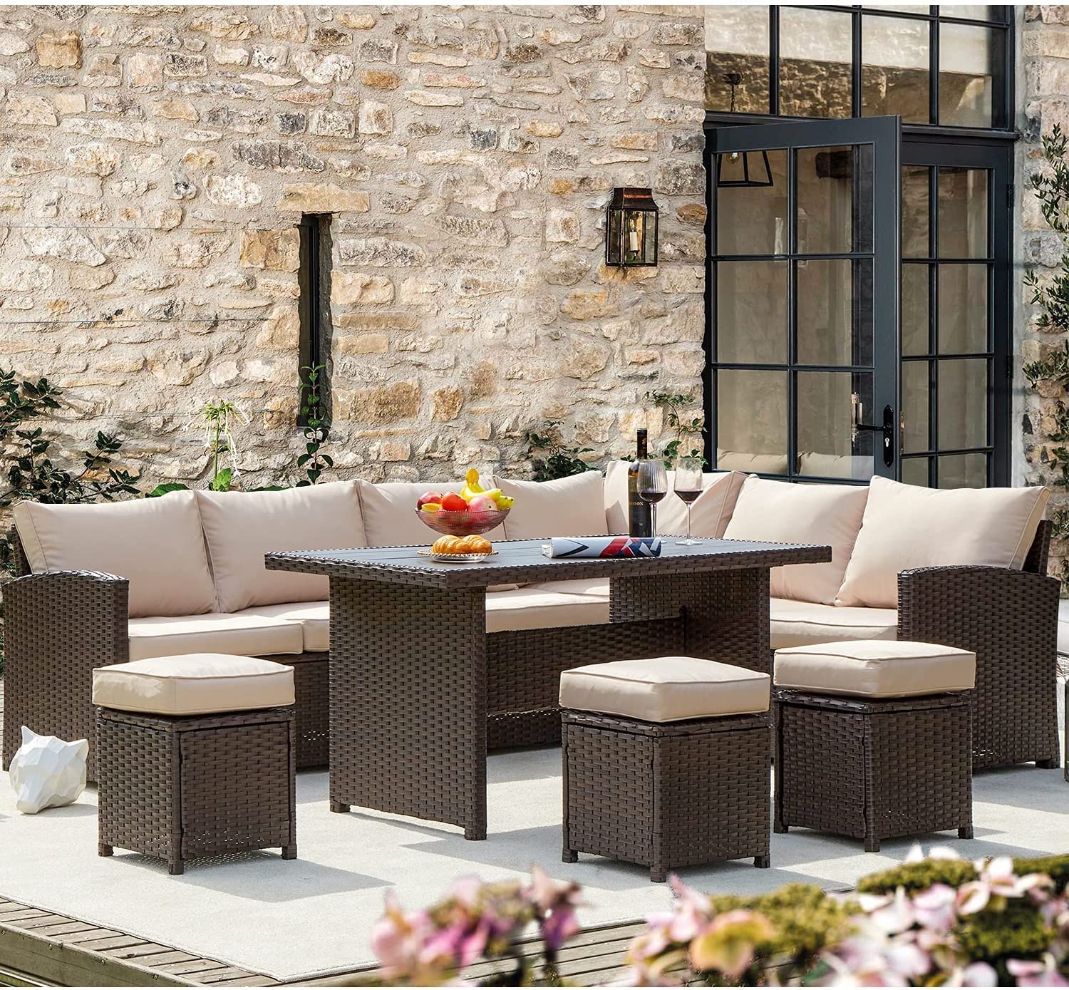 Homrest 7 Pieces Patio Furniture Set, Outdoor Sectional Dining Sofa Set with Table & 3 Ottomans (Khaki)