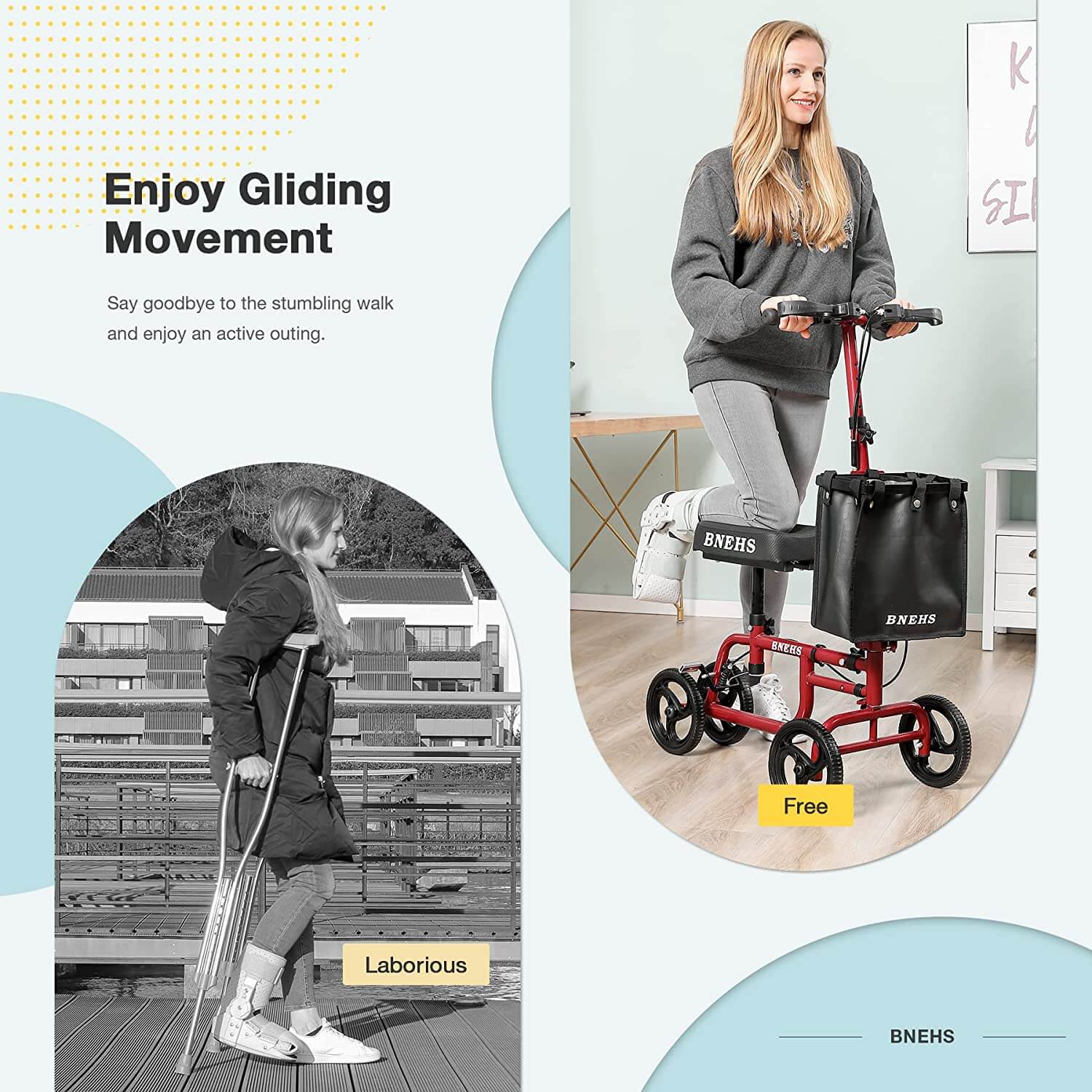 Homrest knee scooter with grooved brake pads folding knee walker for foot injured adults, red frame