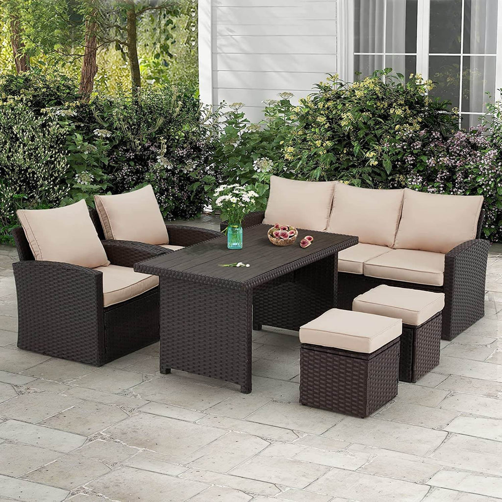 6 Pieces Patio Dining Sofa Set Wicker Rattan Dining Set