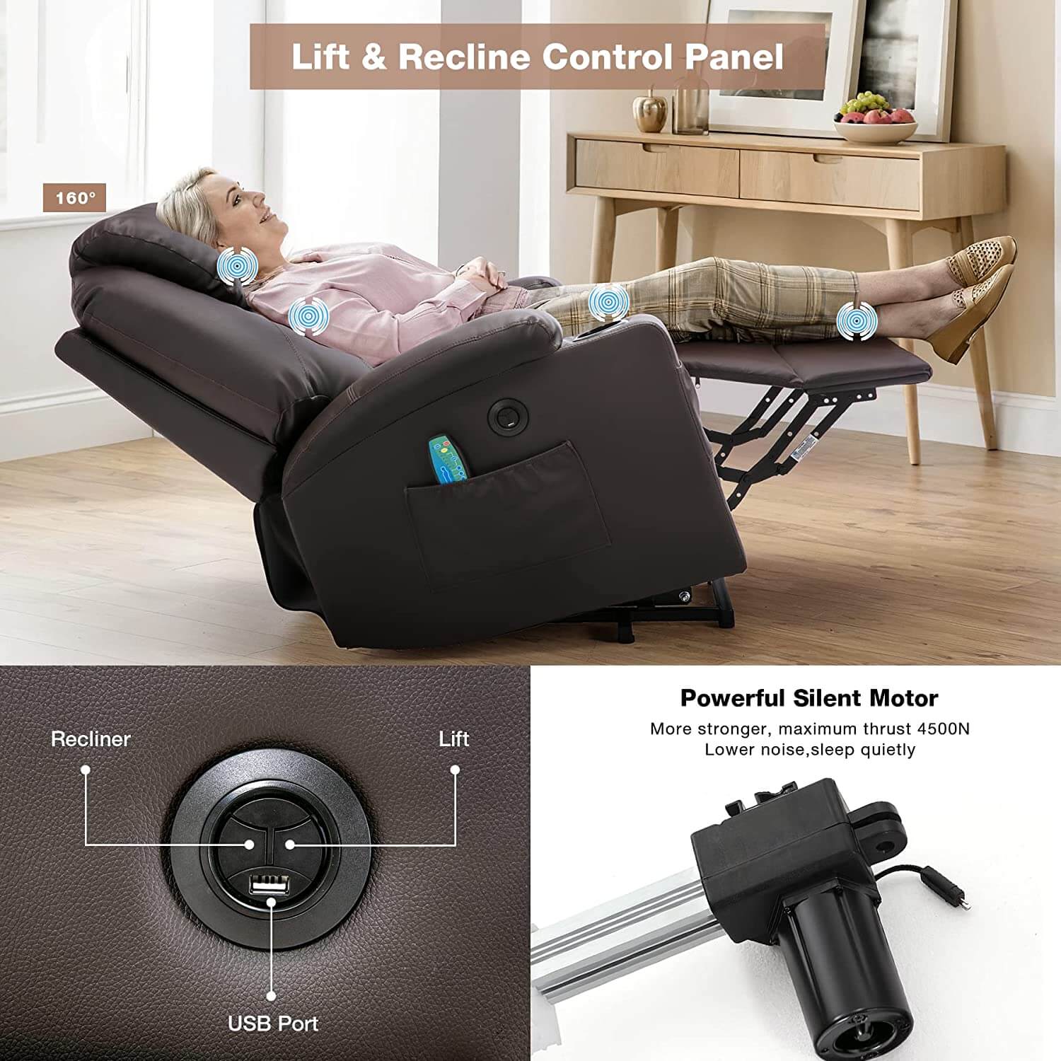 Homrest Power Lift Recliner Chair with Massage & Heat for Elderly, Leather Electric Recliner with 4 Side Pockets, Cup Holders & USB Port (Brown)