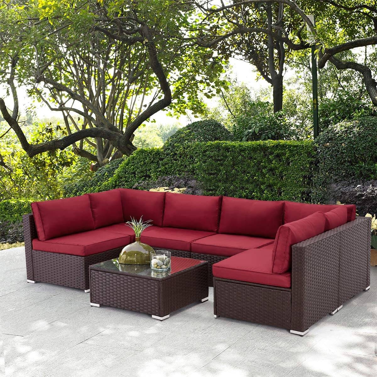 Homrest 7 pcs patio dining set for porch, garden and poolside, wine red