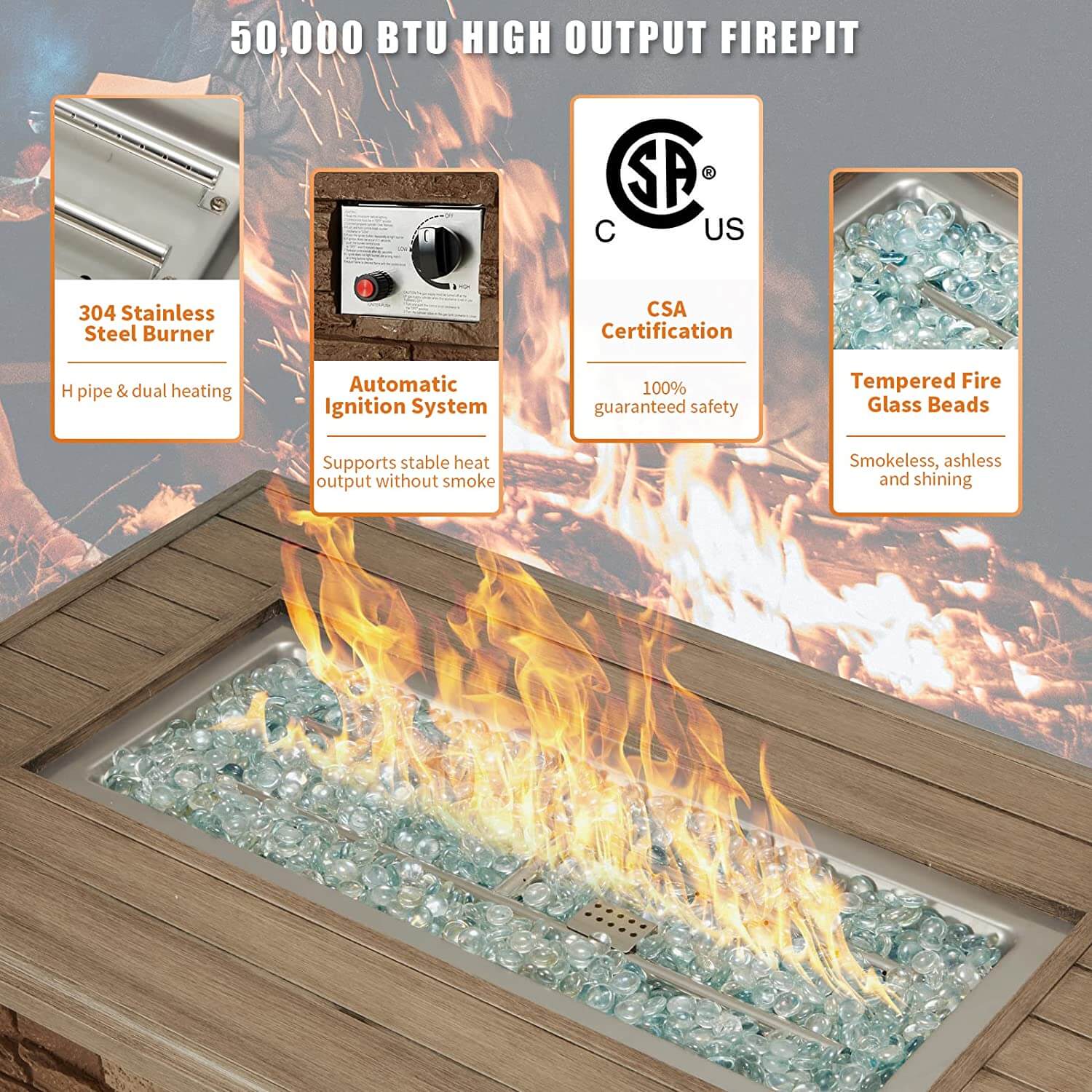 Homrest patio fire pit table with wind guard, coffee 
