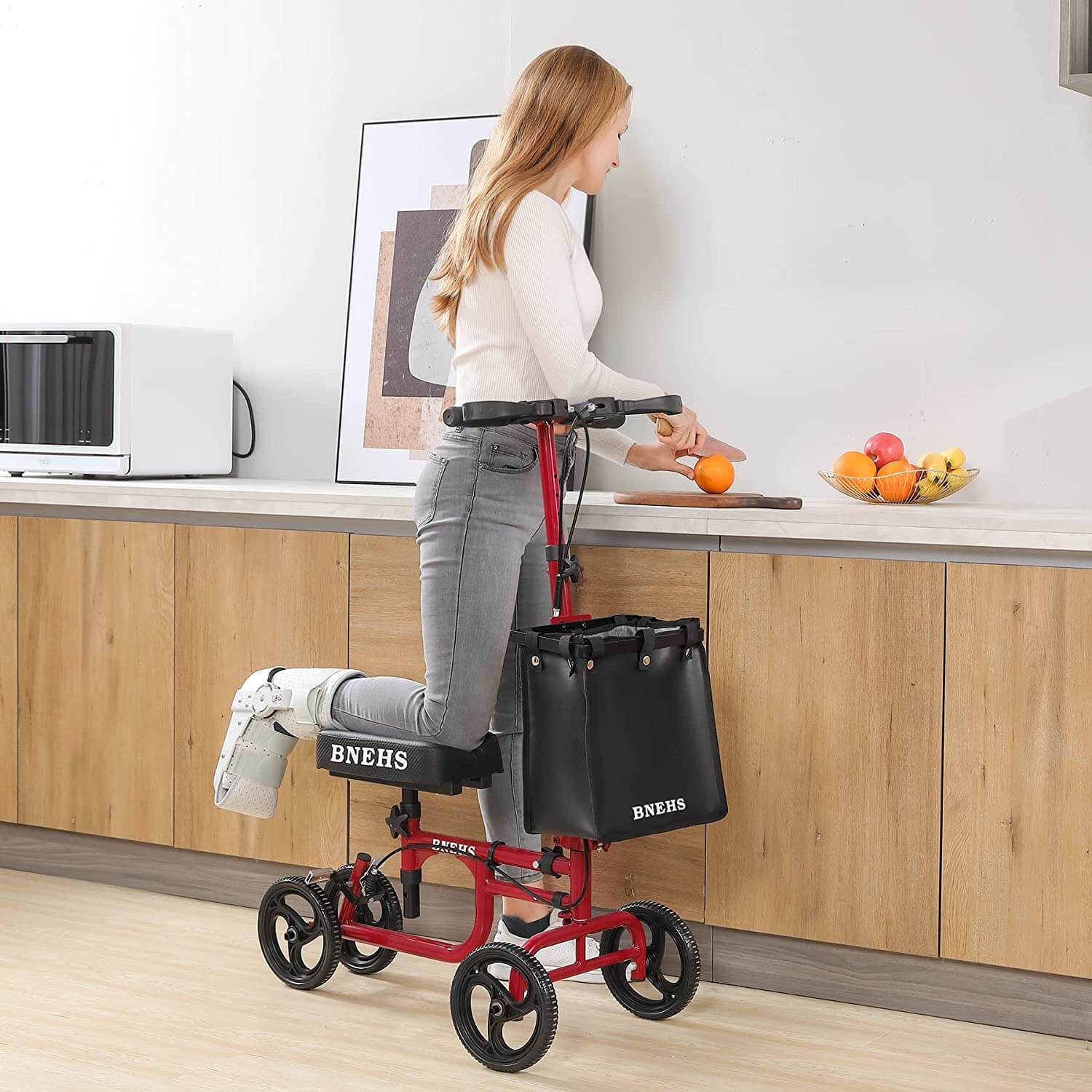 Homrest knee walker with hand brake and detachable basket for foot and ankle injured adults, red frame