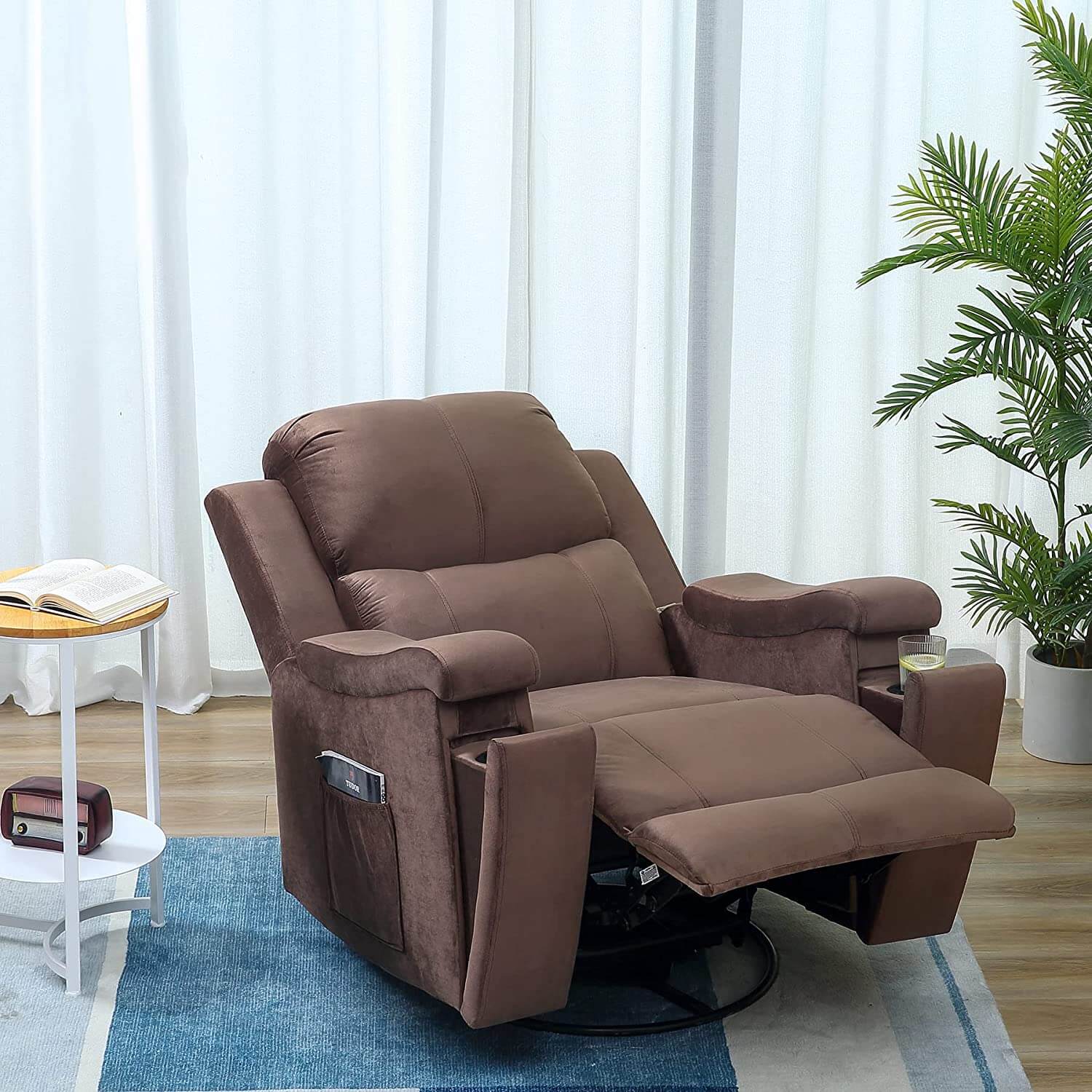Homrest massage recliner chair with technological fabric leather and hidden cup holder, dark brown