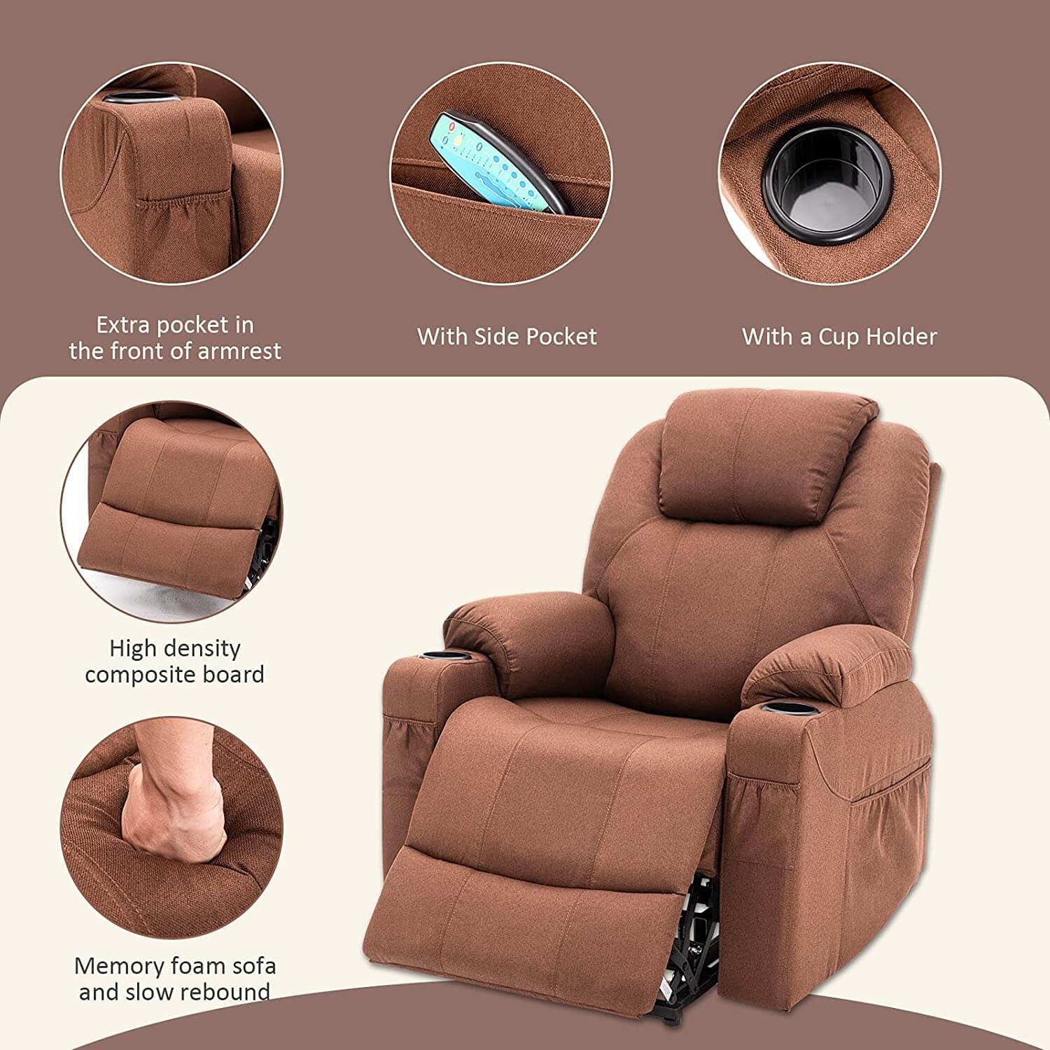 Homrest Electric Power Recliner Lift Chair Fabric Electric Recliner for Elderly, Heated Vibration Massage Sofa with Side Pockets, USB Charge Port & Remote Control(Coffee)