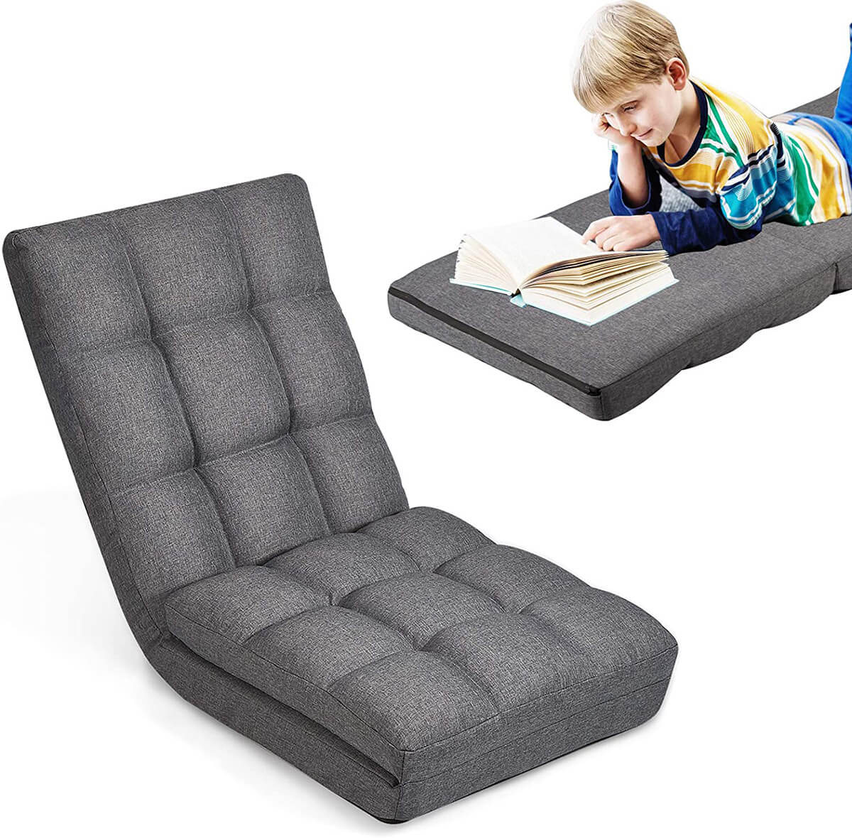 14-Position Floor Chair, Folding Gaming Sofa, Floor Lounger Folding Adjustable Sleeper Bed Couch Recliner, Gray