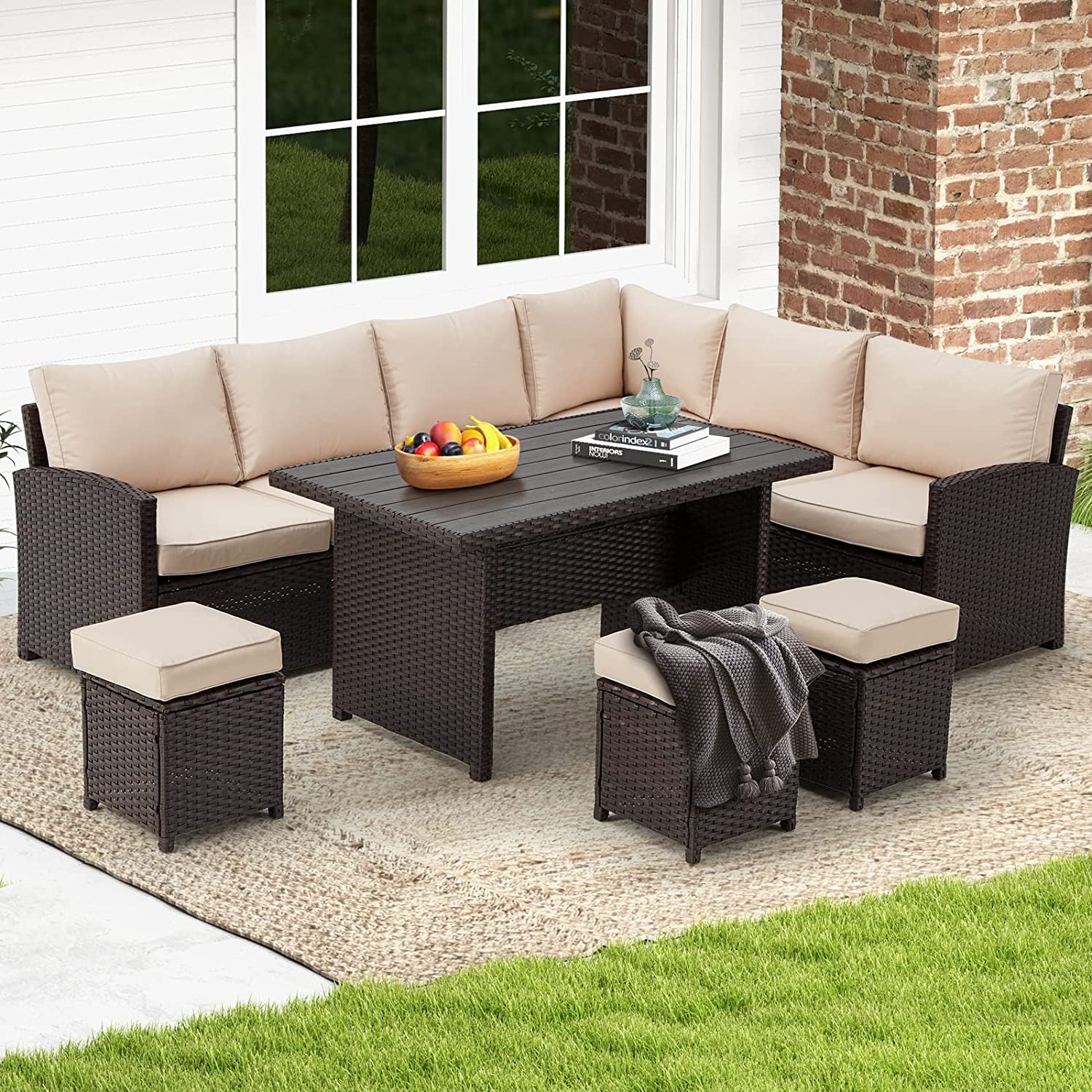 Homrest 7 Pieces Patio Furniture Set, Outdoor Sectional Dining Sofa Set with Table & 3 Ottomans (Khaki)