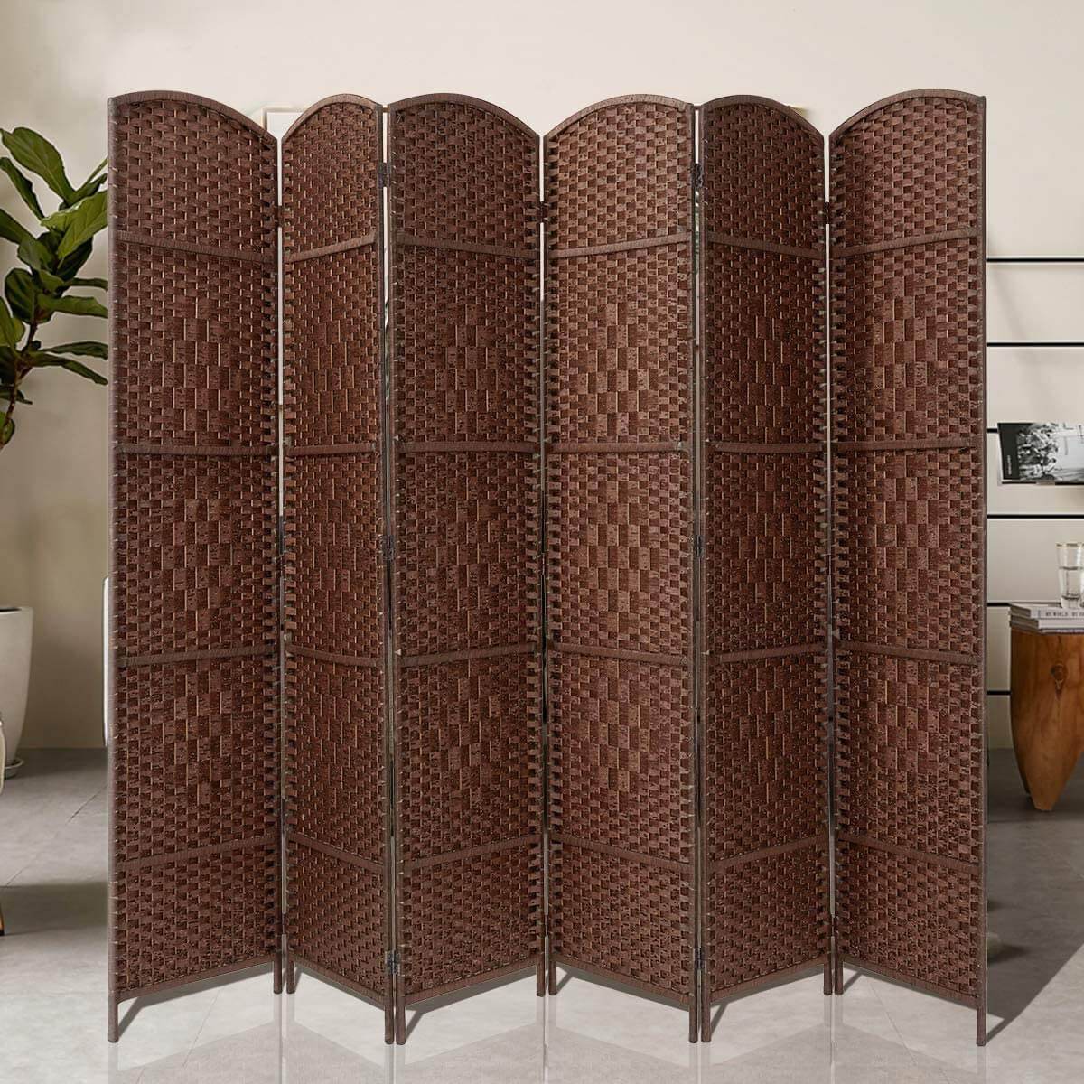 Homrest Room Divider,6 FT Tall Weave Fiber Room Divider,Double Hinged, 6 Panel Room Divider & Folding Privacy Screens, Freestanding Brown Room Dividers