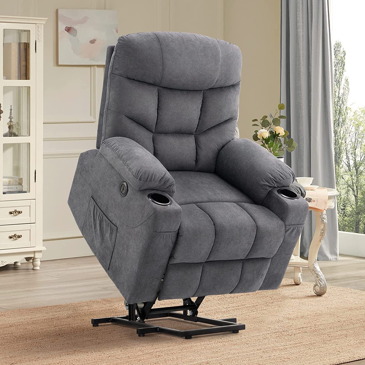Homrest Electric Power Lift Chair Recliner Sofa for Elderly with Vibration Massage & Lumbar Heated, 2 Side Pockets & Cup Holders(Grey Blue)