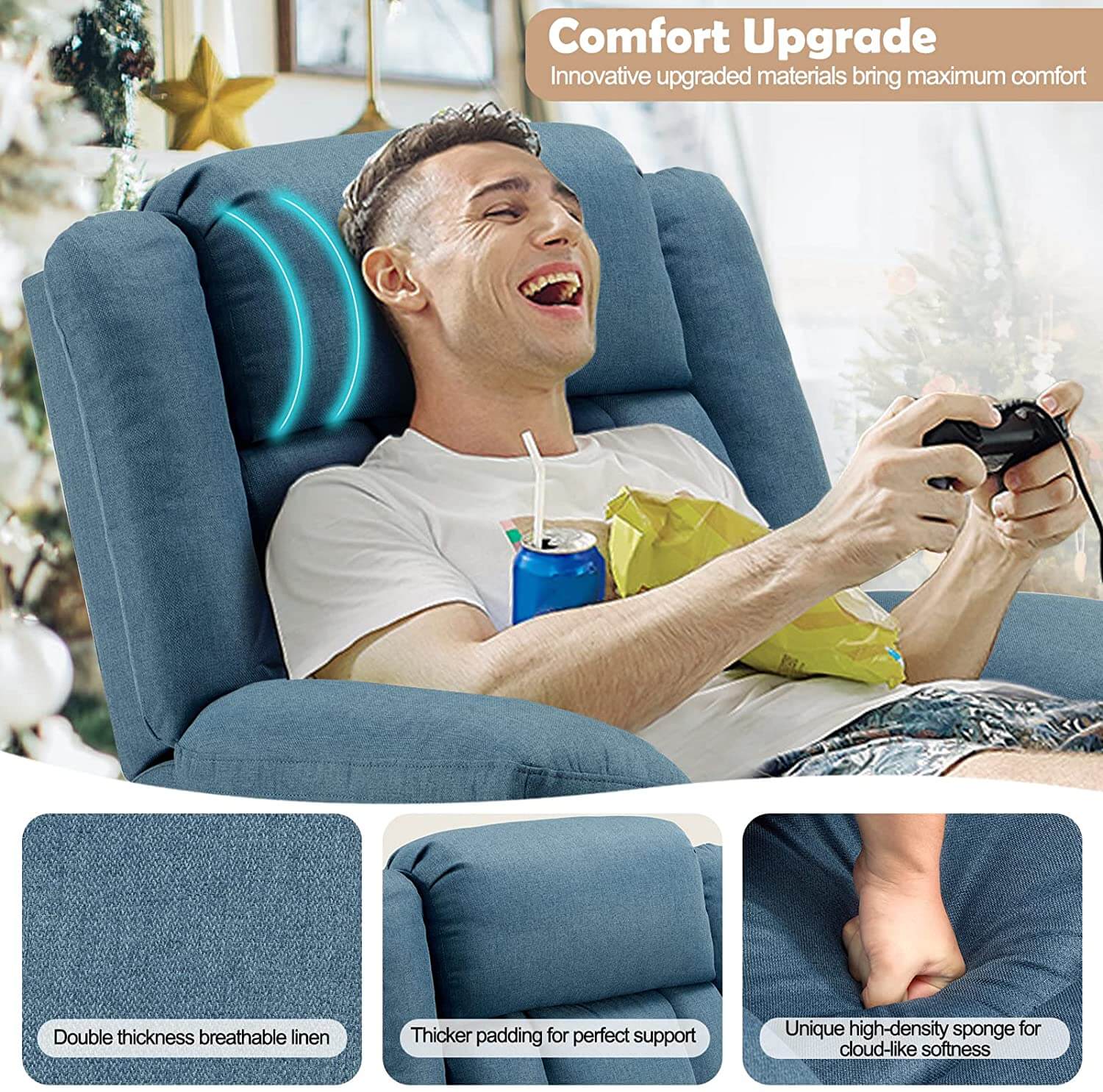 Homrest power lift recliner chair with massage and heat, linen fabric electric recliner lift chair with 2 side pockets and USB port, reacock blue