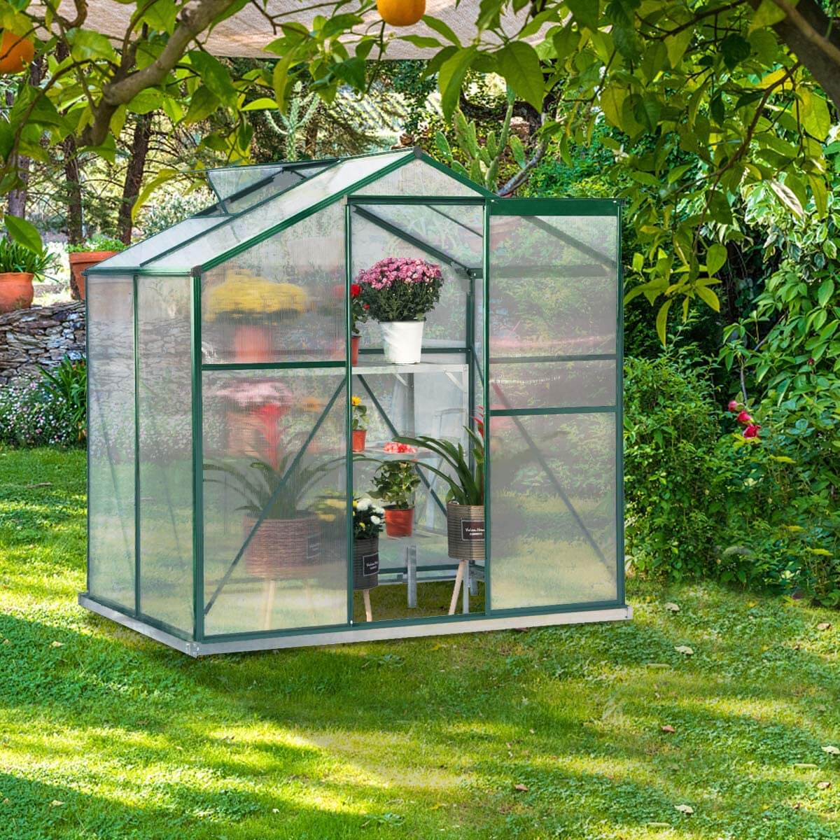  Homrest 4'x6'x6.6' Garden Walk-in Greenhouse with Sliding Door & Roof Vent