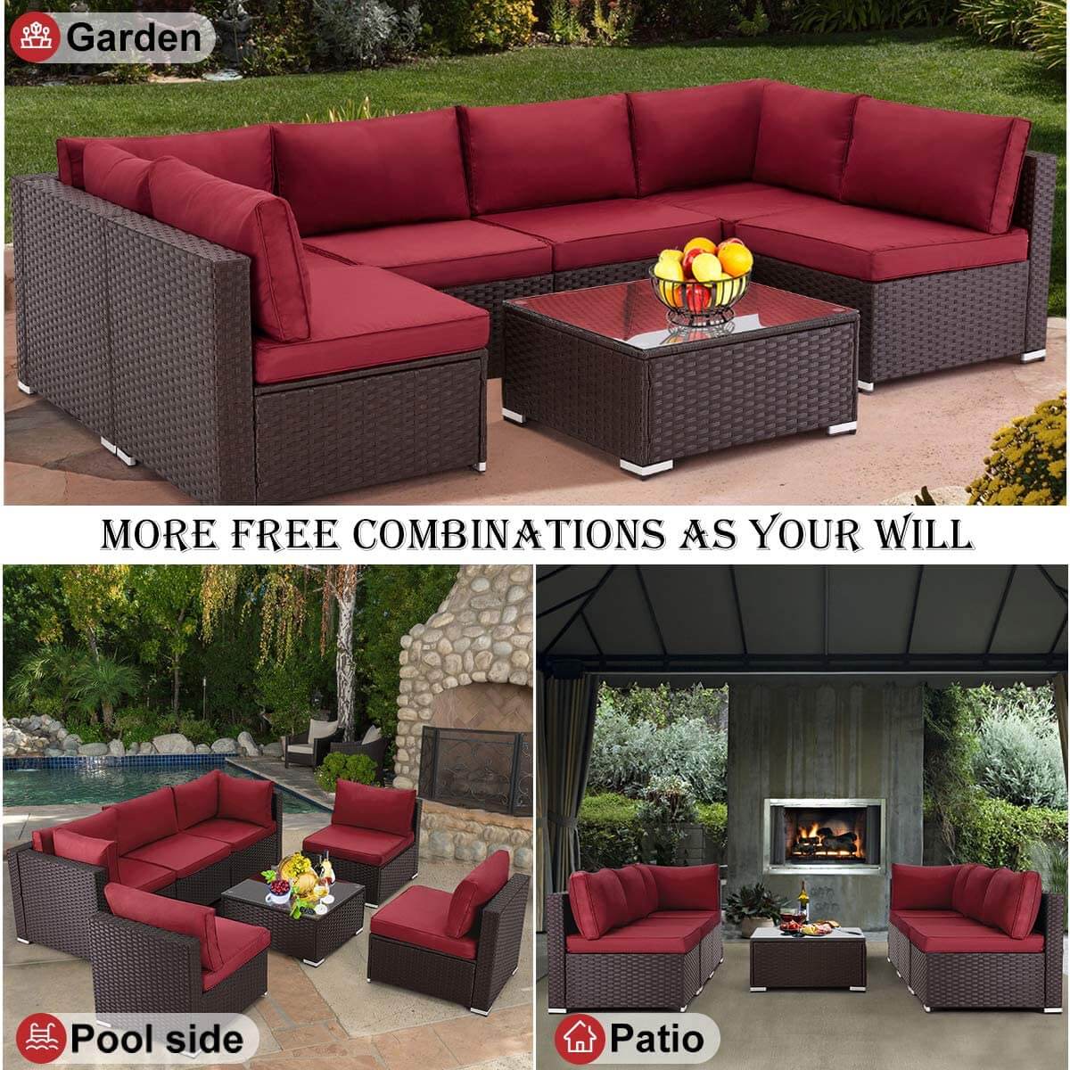 Homrest rattan outdoor sectional sofa for porch, garden and poolside, wine red