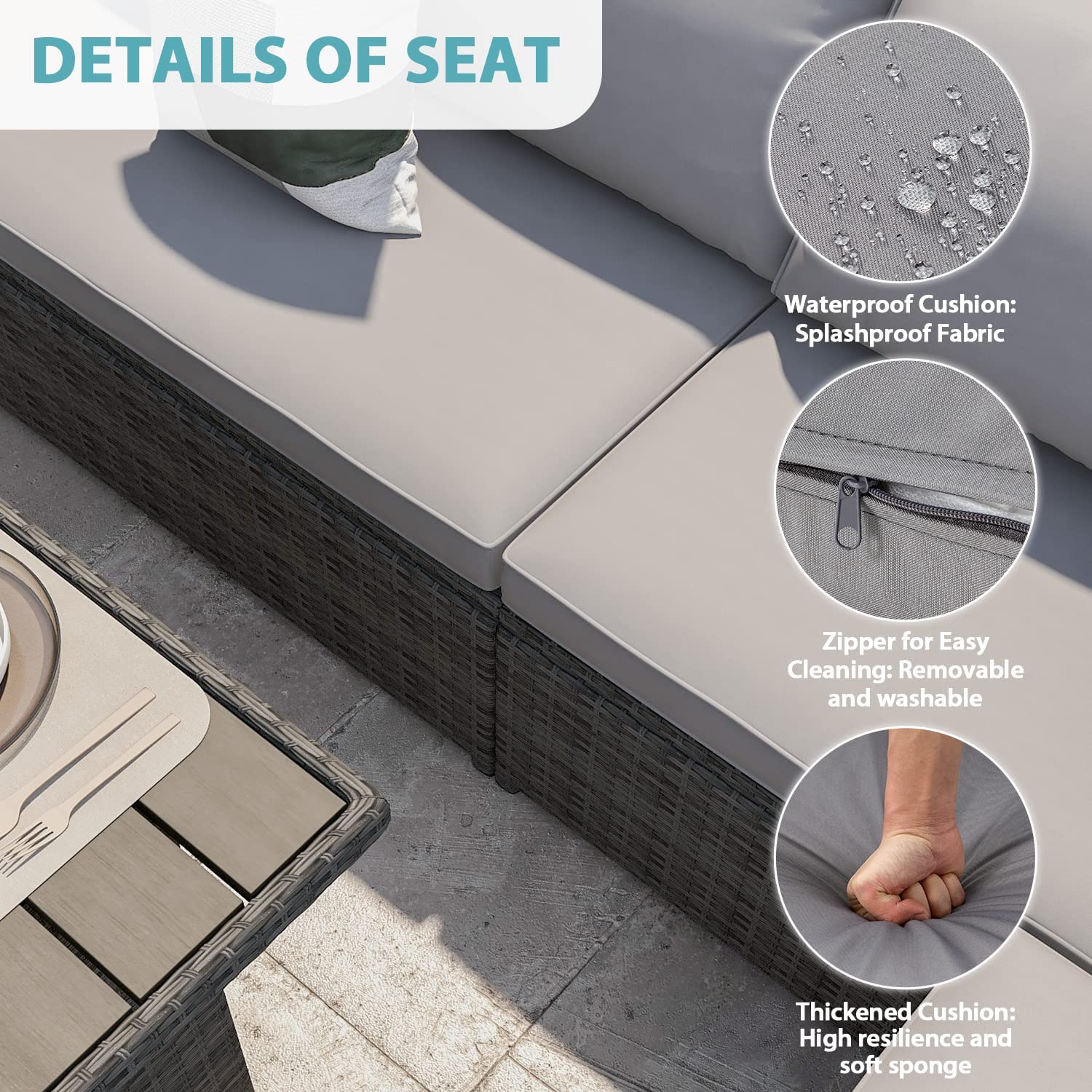 7 Pieces Patio Furniture Set, Outdoor Sectional Dining Set with Table & 3 Ottomans(Grey) | Homrest
