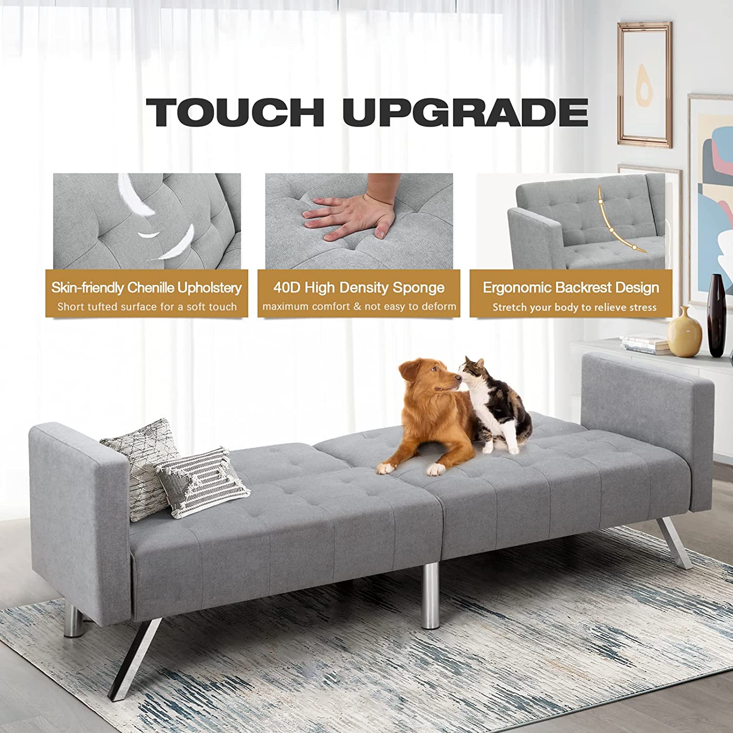 Homrest Convertible Futon Sofa Bed w/ Adjustable Backrest Fabric Sleeper Sofa Couch Loveseat, Light Grey