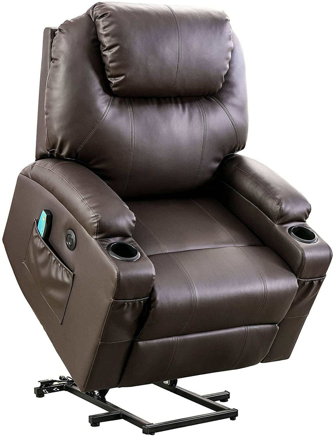 Homrest Power Lift Recliner Chair with Massage & Heat for Elderly, Leather Electric Recliner with 4 Side Pockets, Cup Holders & USB Port (Brown)