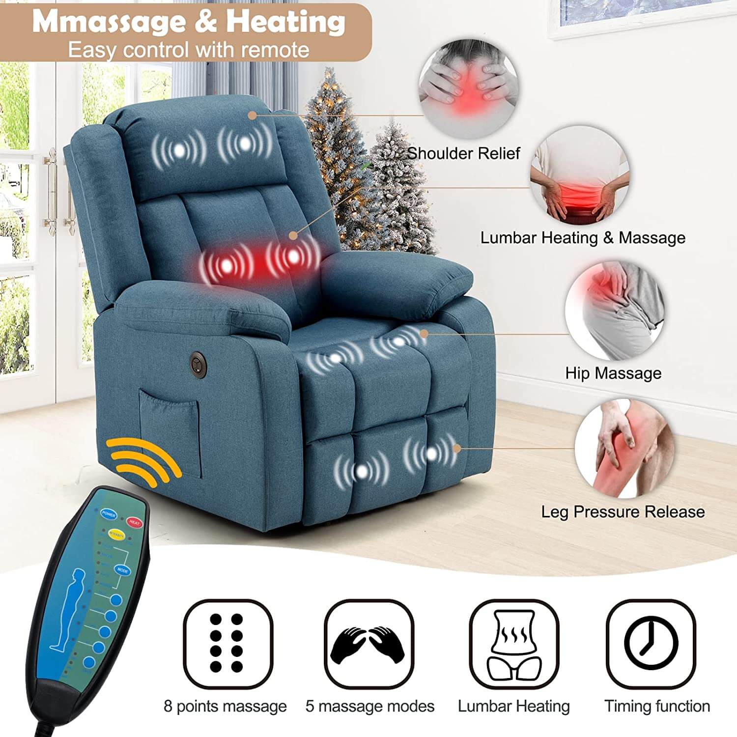 Homrest power lift recliner chair with massage and heat, linen fabric electric recliner lift chair with 2 side pockets and USB port, reacock blue