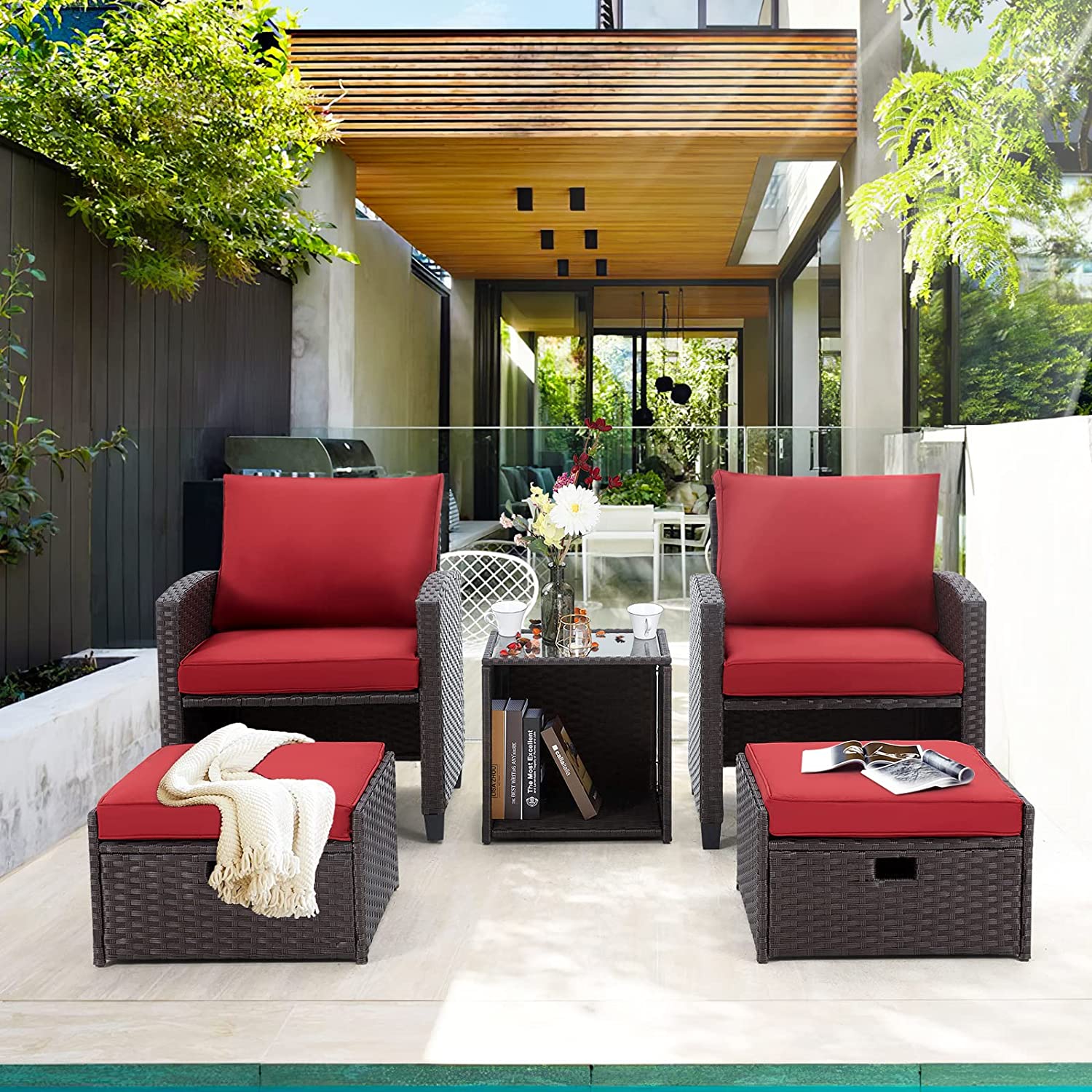 5 Pcs patio furniture set with ottoman and coffee table for porch, garden and balcony, wine red | Homrest furniture