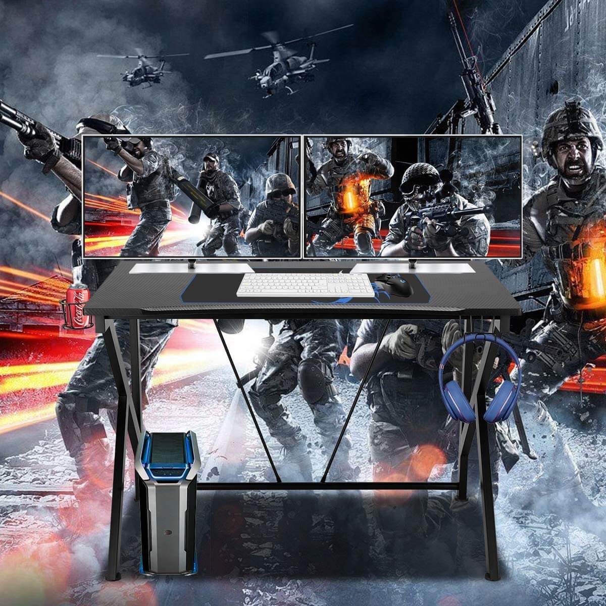Homrest 42.5" Gaming Desk K-Shape Gaming Table Home Computer Desk with Cup Holder and Headphone Hook Gamer Workstation Game Table
