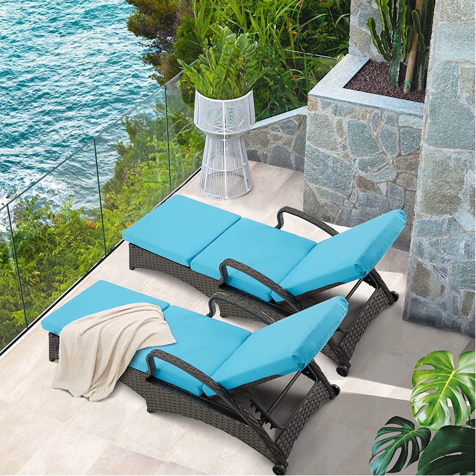 Outdoor Lounge Chaise Chairs Black Rattan Lounger with Blue Cushion & Armchairs