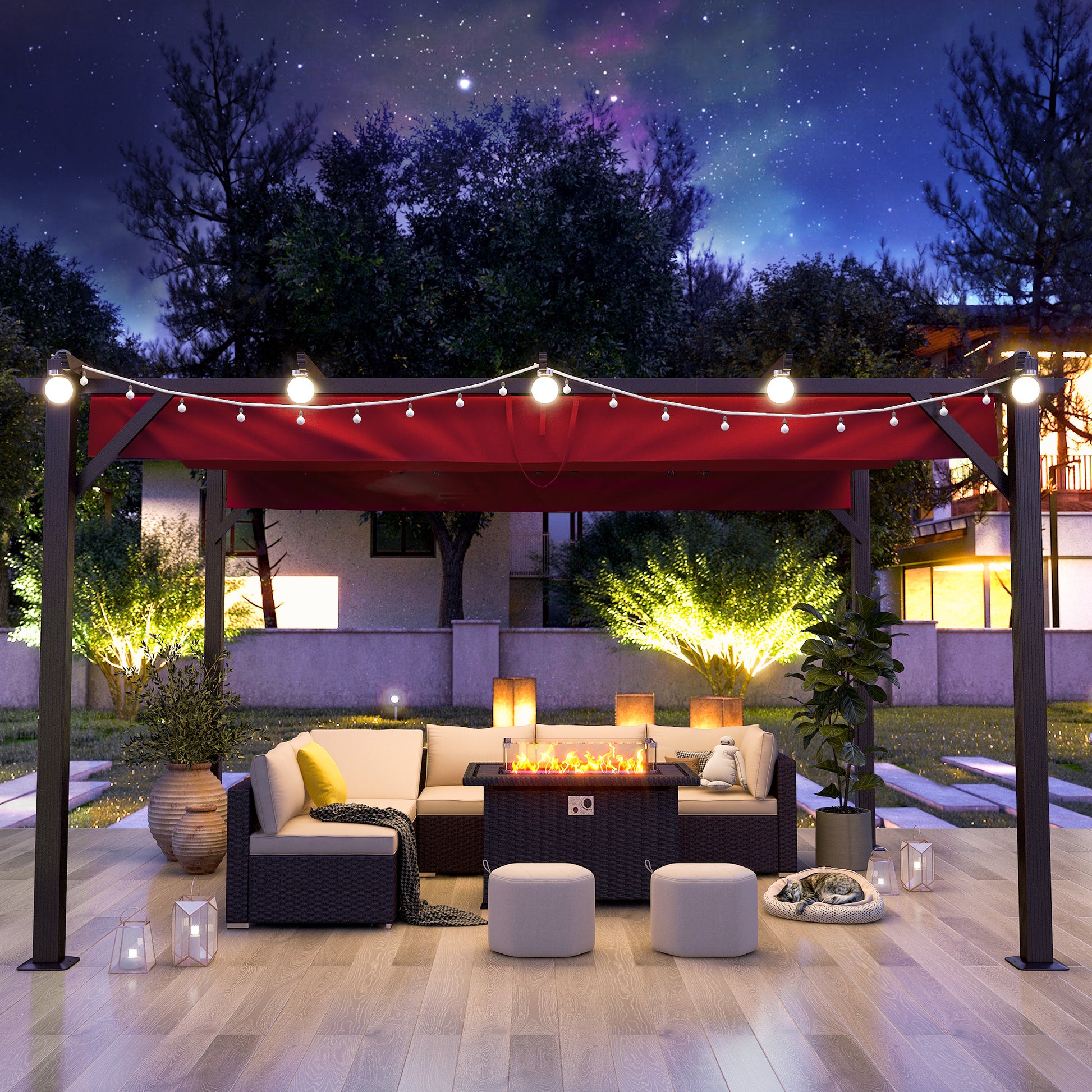  Homrest 13' X 10' Retractable Pergola, Patio Gazebo Grape Trellis with Removable Sun Shade Canopy（Wine Red）