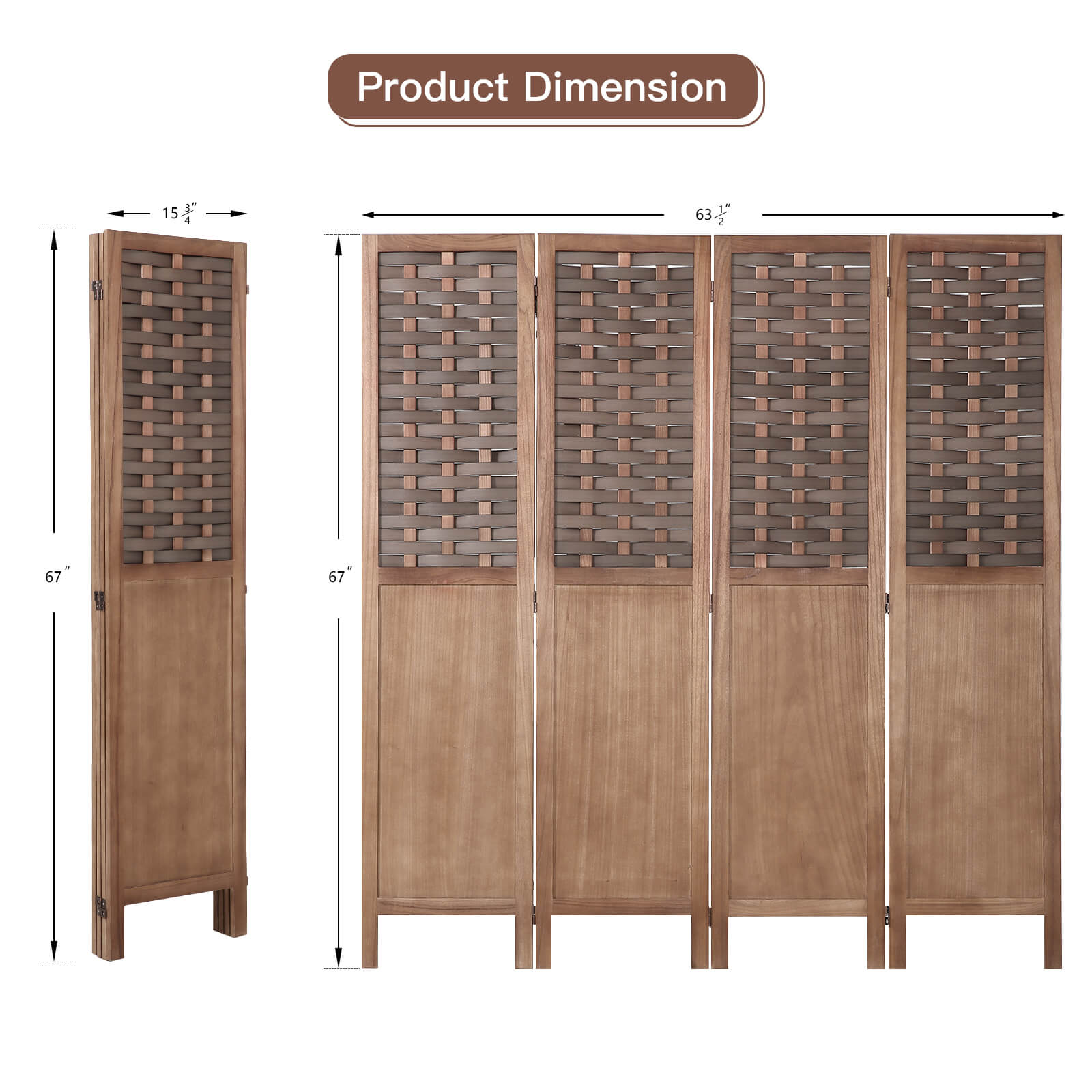 Homrest 4 Panels Wood Room Divider 5.6ft Folding Privacy Screens with Hand-Woven Wicker Rattan, Brown