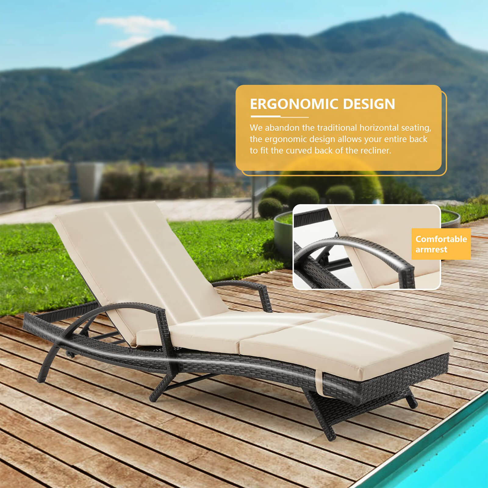 HOMREST Patio Lounge Chair for Outside, Chaise Lounge with Adjustable Backrest & Thickened Cushion, Khaki